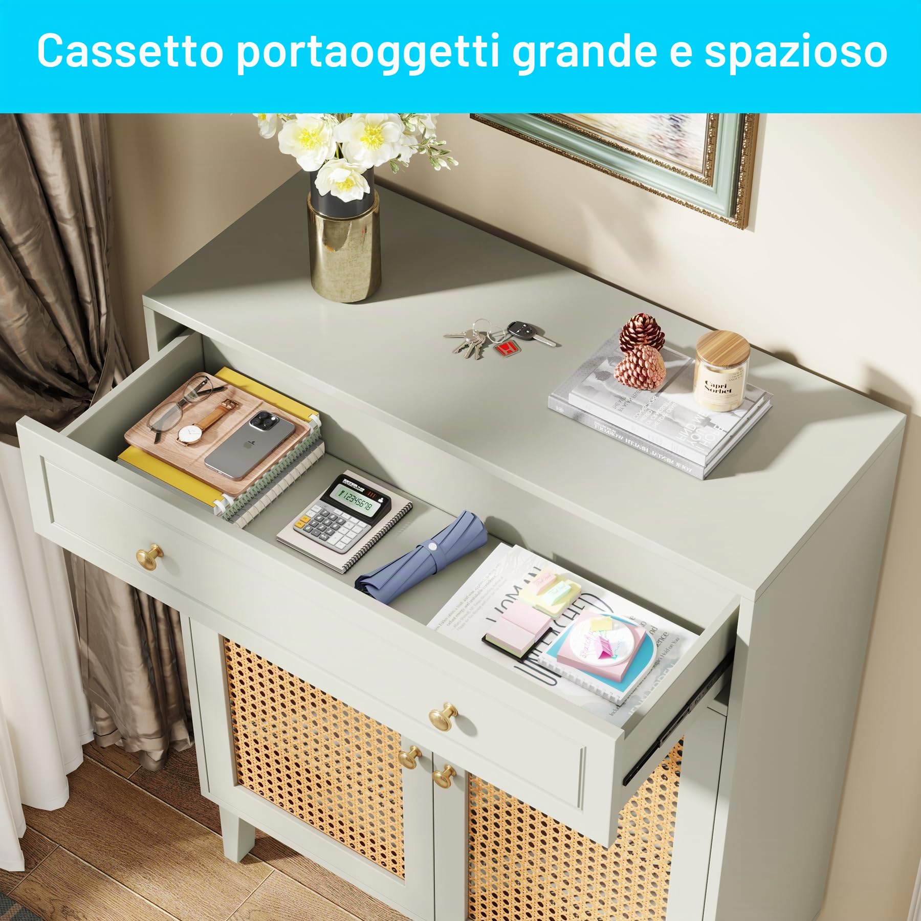 Tribesigns Scarpiera con ante e cassetto, scarpiera moderna per ingresso, in rattan, verde menta, con ripiano regolabile, organizer per scarpe in legno per corridoio, soggiorno, camera da letto
