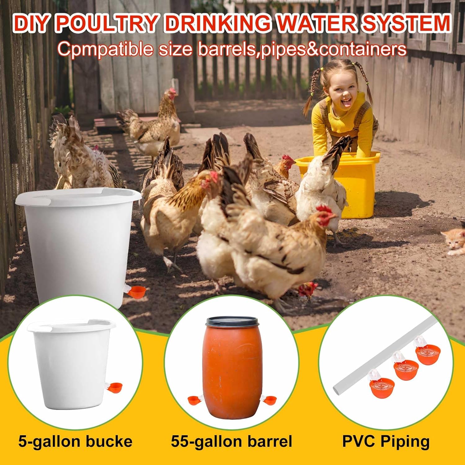 Tanlade 50 Packs Chicken Waterer Cups Large Chicken Feeder, Automatic Waterer Cups Kit for Poultry Chicks Duck Goose Turkey Bunny(Orange)