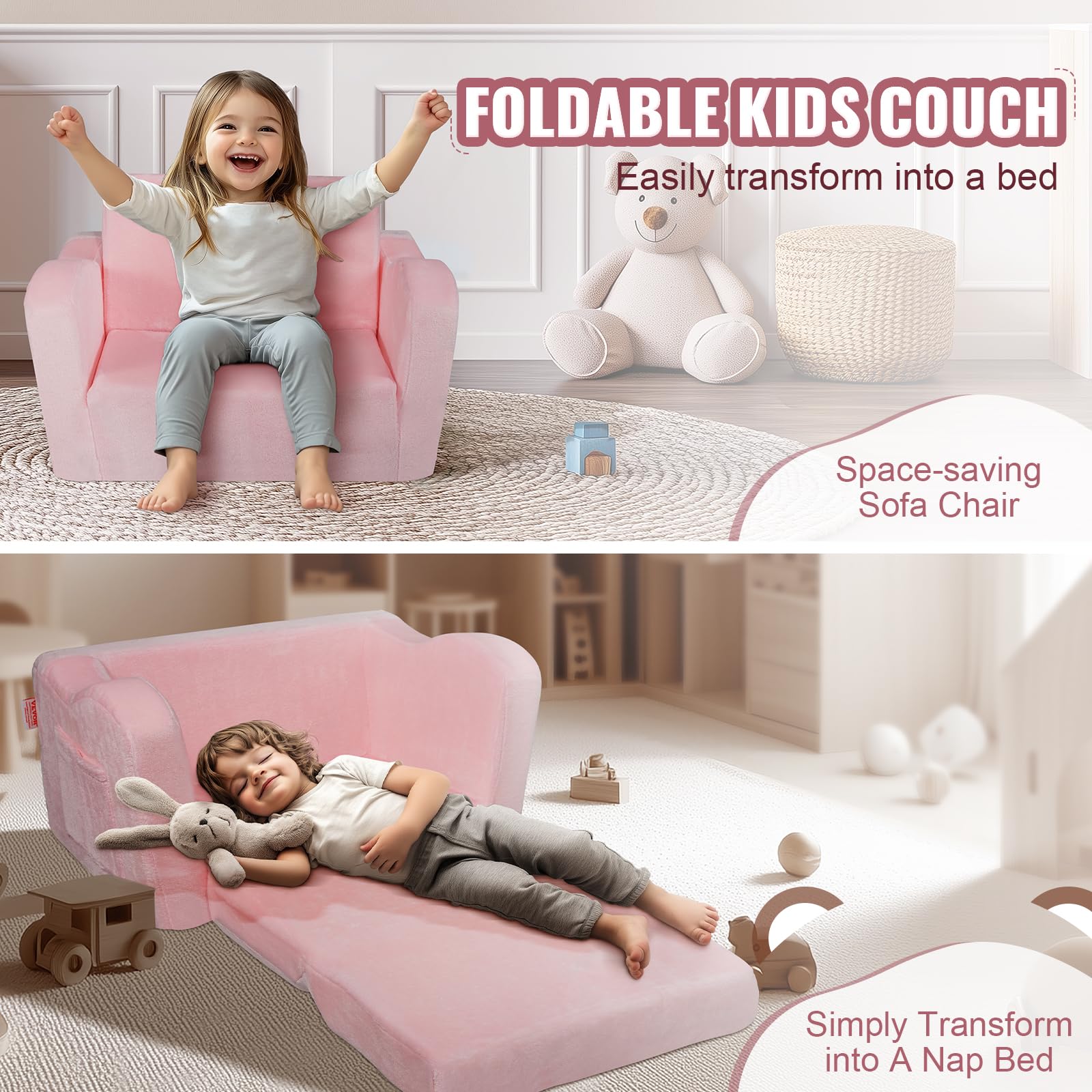 VEVOR Divano per bambini, 2 in 1, comodo divano letto pieghevole, convertibile da divano a lettino, sedia per bambini, mobili per la stanza dei giochi, per bambini e ragazze, rosa
