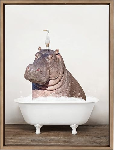 Miniatura 10 de Kate and Laurel Sylvie Hipopótamo y pájaro en baño rústico enmarcado, arte de pared por Amy Peterson Art Studio, 18 x 24 pulgadas, blanco, arte