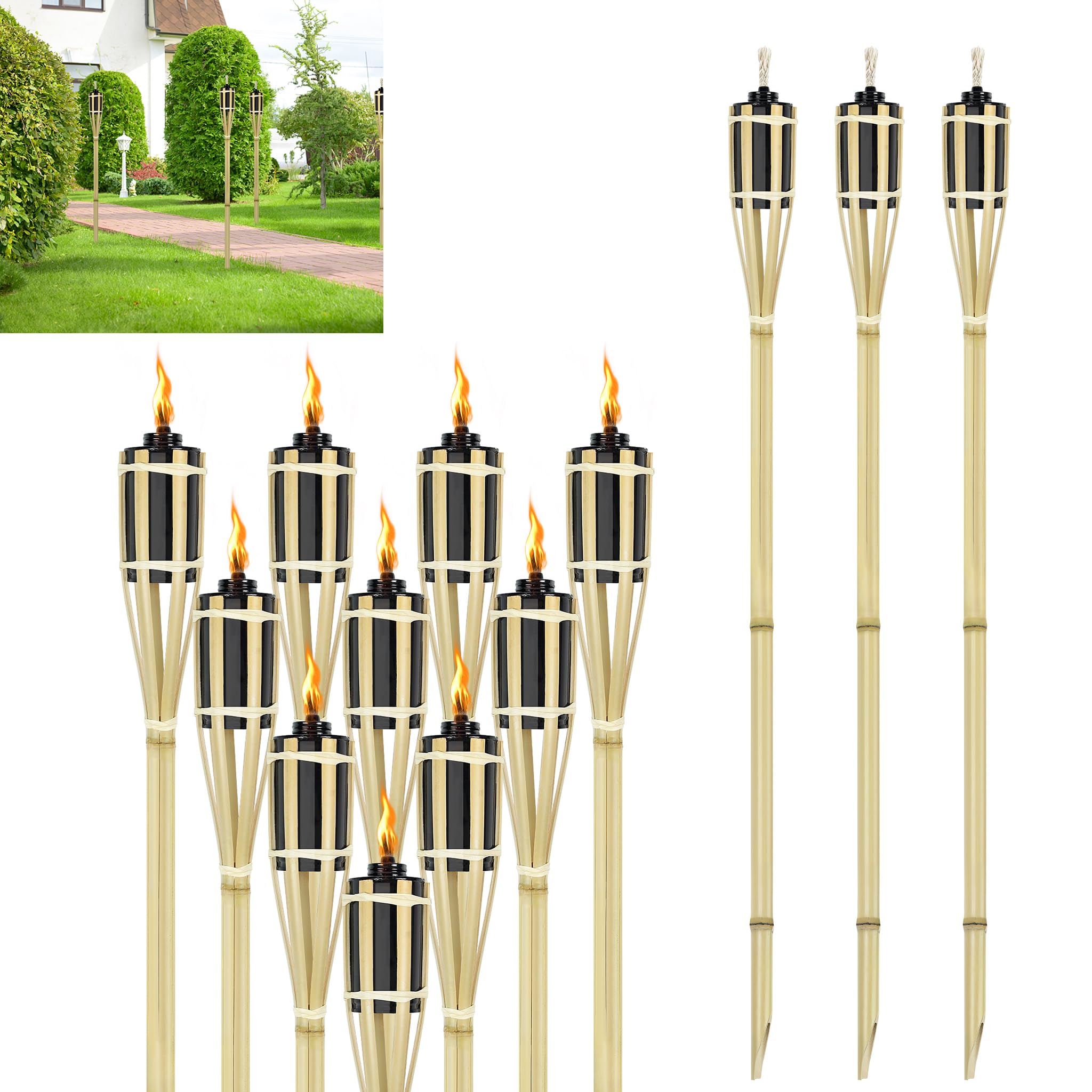 YRHome Antorchas de jardín de bambú para exteriores, 24 unidades, antorchas de bambú, antorchas de aceite, lámpara de aceite, lámpara de camino, con mecha de repuesto, 90 cm, para exteriores,