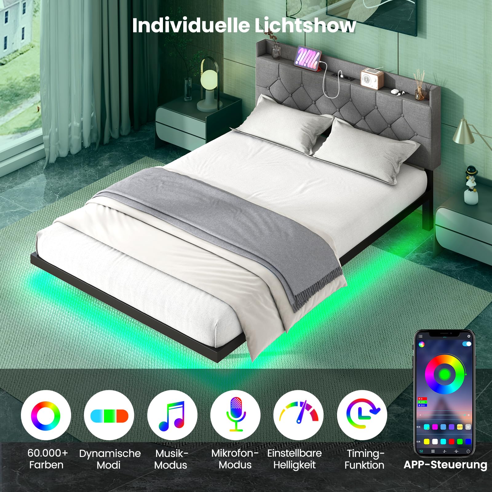 COSTWAY Łóżko tapicerowane z oświetleniem LED i stacją ładującą, 140 x 200 cm, łóżko z regulowanym, wyściełanym zagłówkiem i stelażem, łóżko podwójne, rama łóżka