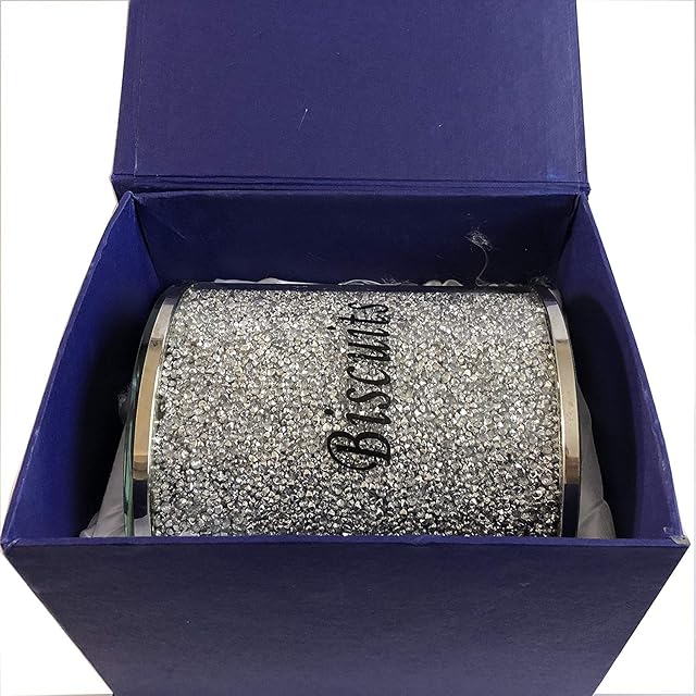 Silver Diamond Crushed Biscuit Cookies Canister Jar Tin Kitchen Storage containers Silver Trimmings Crystal Filled Ideal Gift (Biscuit JAR- Medium)