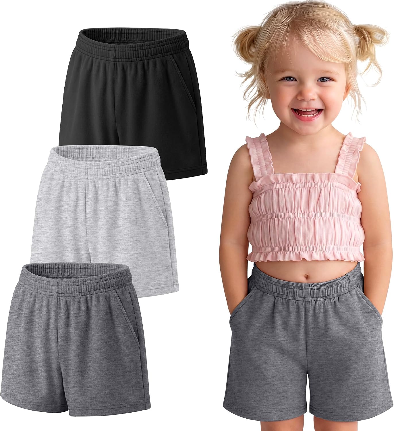 3 Pack Baby Toddler Girls' Cotton Shorts Infant Active Summer Athletic Casual Pull-on Pants with Pockets for 18M-5T