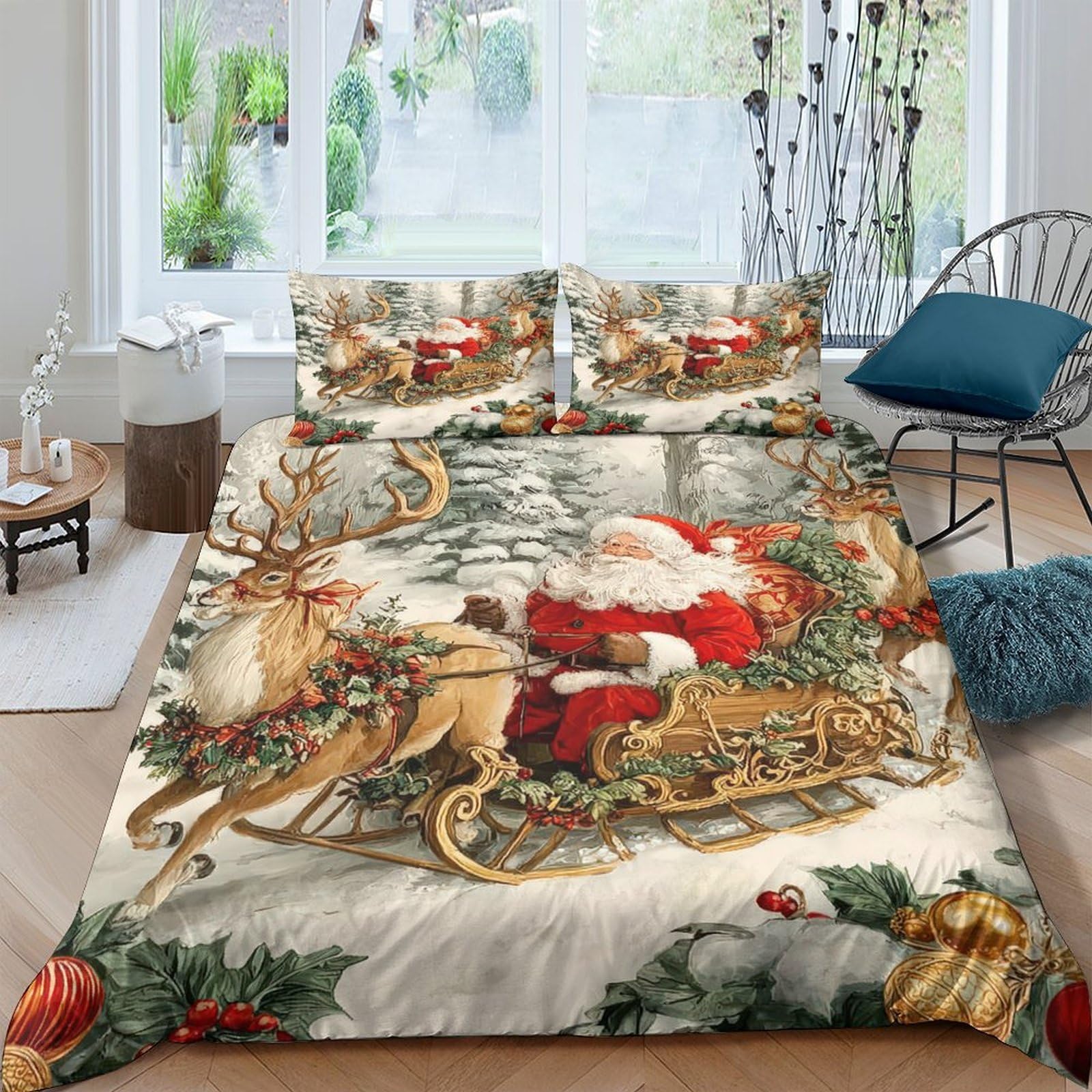 Ctjqhvkz Style-7 3D Printed Christmas Reindeer Fitted Sheet Microfiber Red Santa Sleigh Mattress Cover For Bedroom Guest Room Dorm Single（135X200cm）