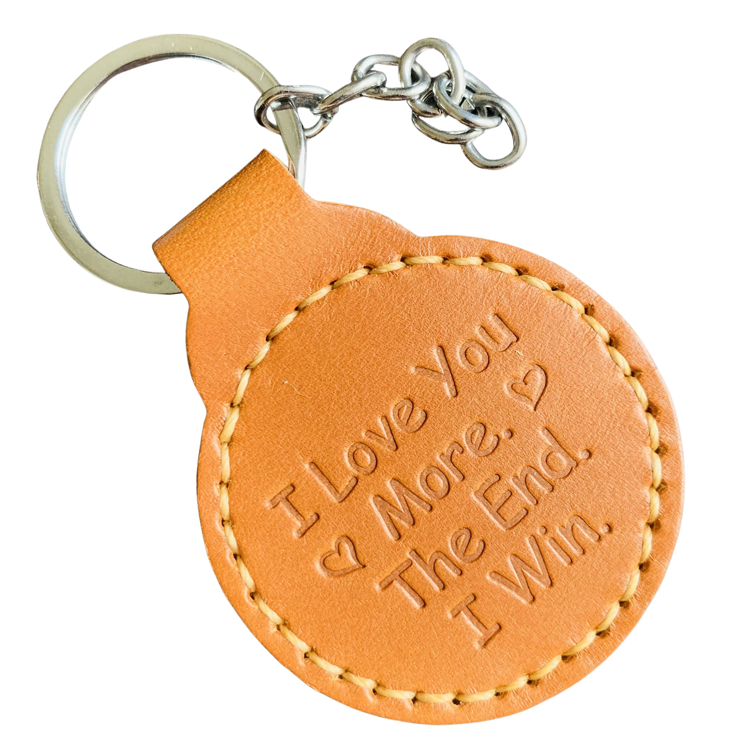 HMza Handmade I Love You More The End I Win Funny Round Leather Keychain Gift for Him Her Girlfriend Boyfriend Husband Wife Couple Key Ring for Valentine, Christmas, Anniversary