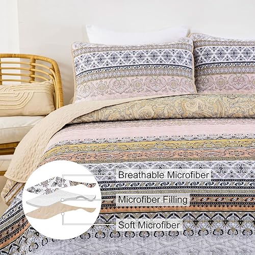 Miniatura 4 de Dinjoy Juego de edredón bohemio amarillo tamaño King, juego de ropa de cama de microfibra suave y ligera de 3 piezas (1 edredón de 104 x 90 pulgadas