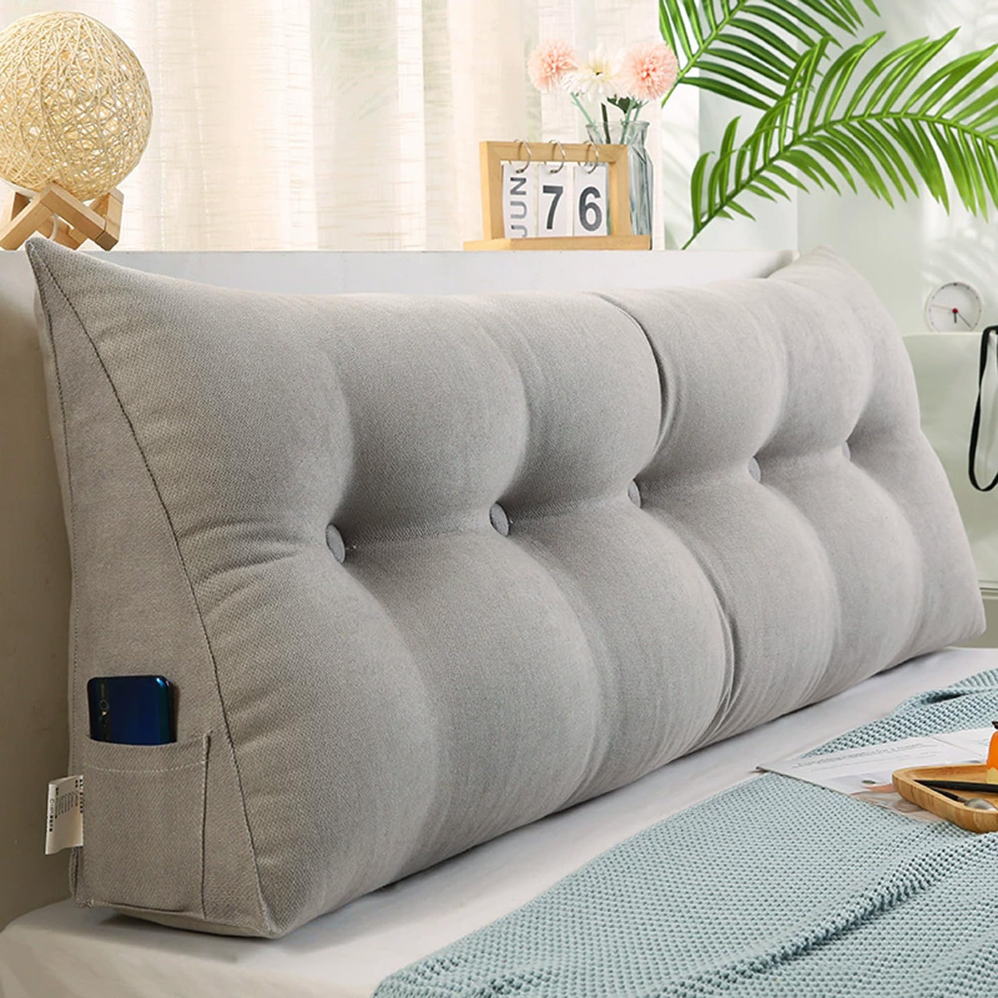 Hruile Large Headboard Triangular Reading Pillow, Wedge Lumbar Pillow, Bed Rest Reading Bolster with Zipper, Headboard Backrest Support Cushion for Bed, Sofa, Chair (60x50x20cm,Grey)