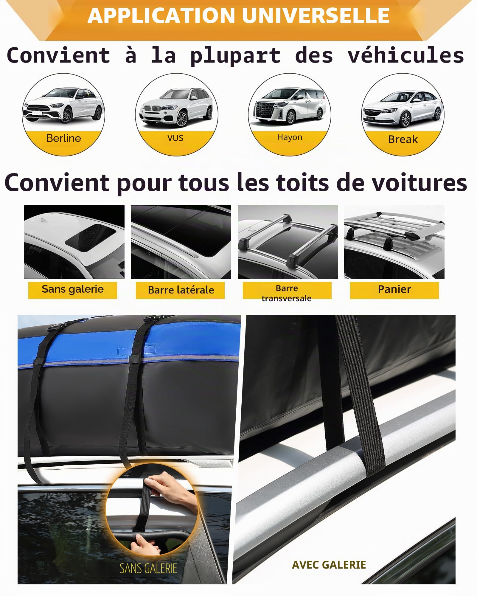 Sac de Toit de Voiture, 15 Pieds Cubes/425 litres Coffre de Toit Souple étanche pour Tous véhicules SUV avec/sans Barres