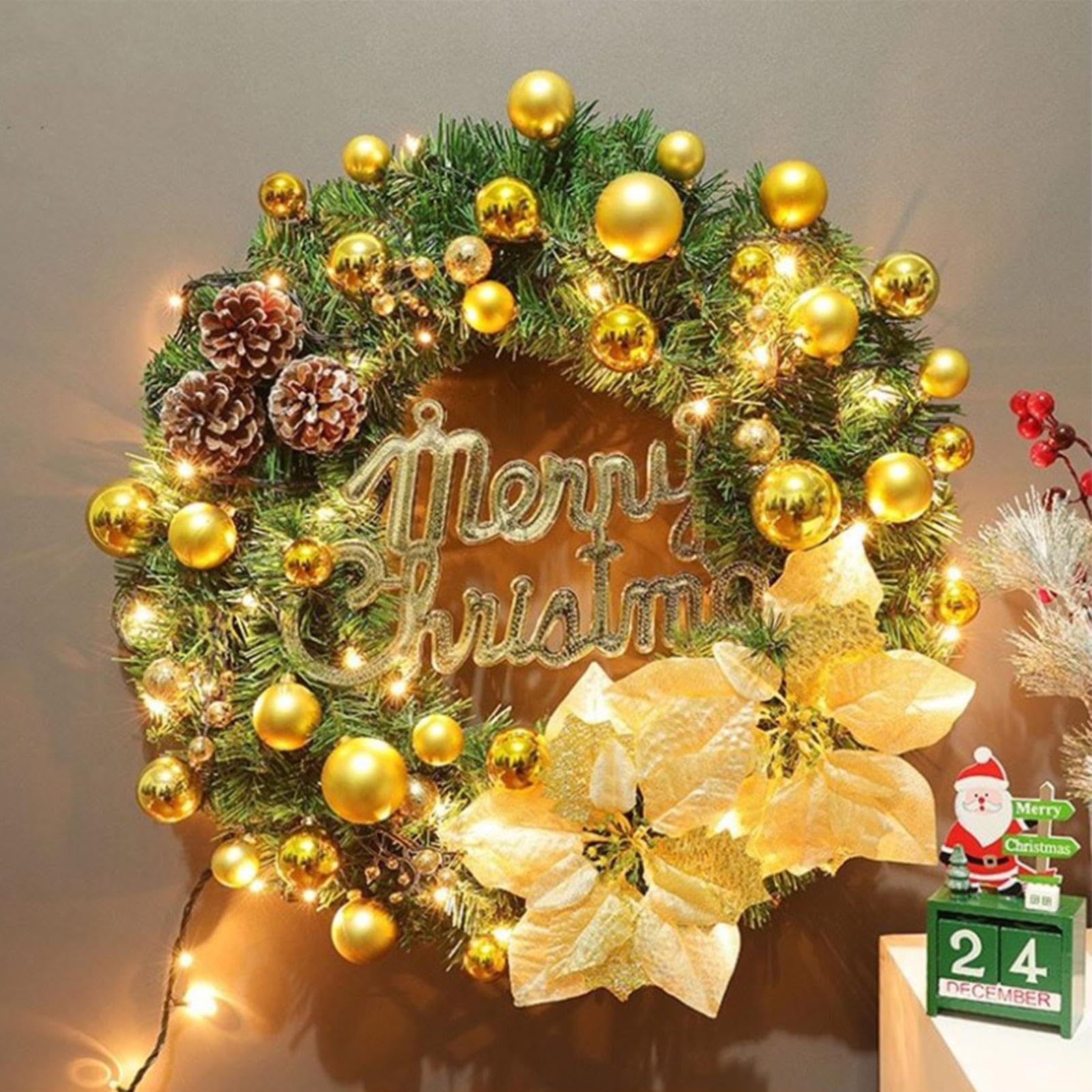 Guirnalda de Navidad con Luces, Guirnalda de Navidad iluminada | Guirnalda para Puerta de Navidad,Guirnalda navideña para Exteriores de 15,75 Pulgadas Decorada con de Colección navideña para