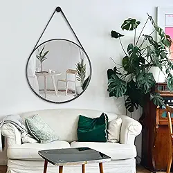 Espelho De Banheiro Decorativo Redondo 50cm com Alça De Couro Preto e Suporte de Fixação