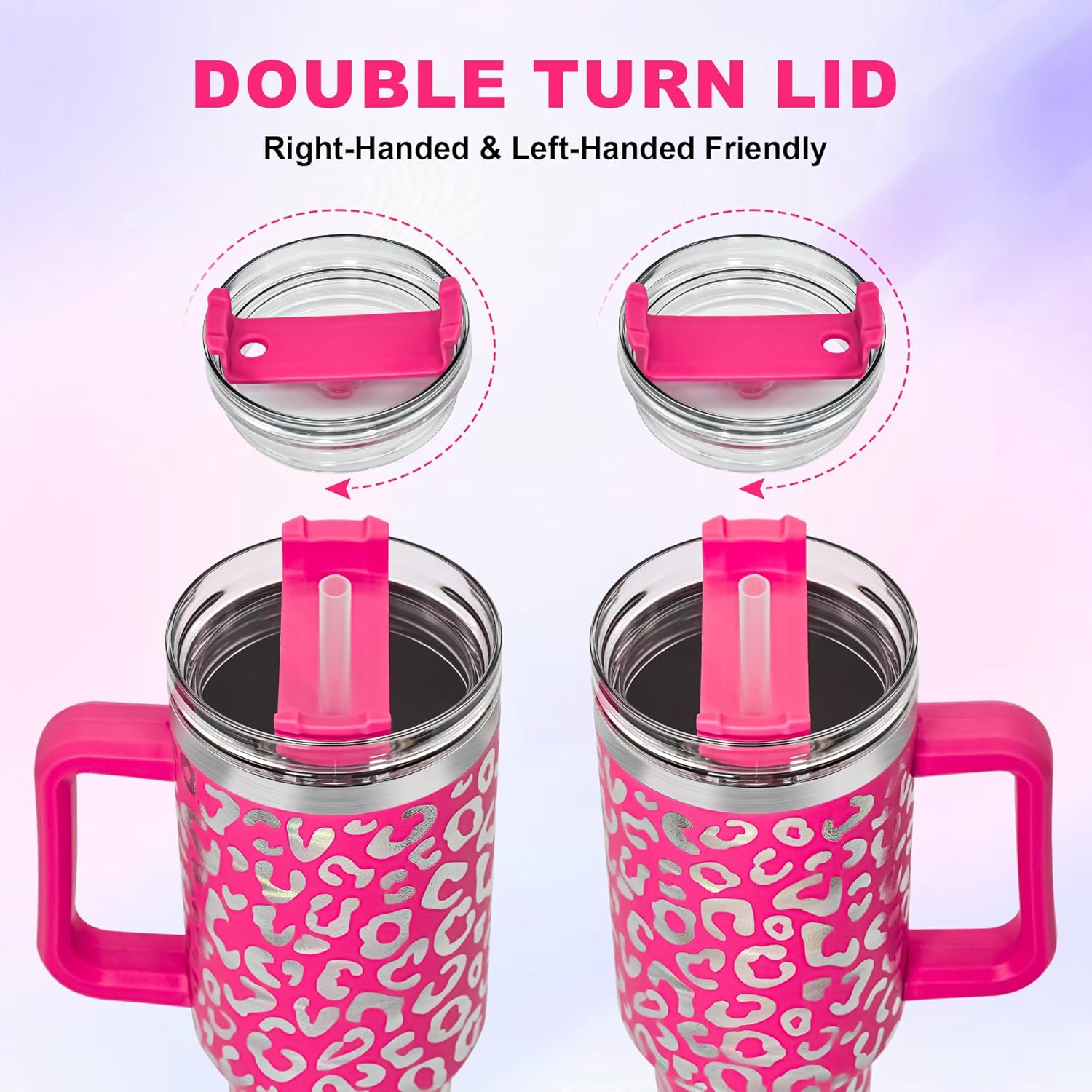 40 oz Tumbler with Handle and Straw, 100% Leak-Proof Travel Mug, Stainless Steel Double Wall Vacuum Insulated Coffee Cup Keeps Cold For 34 Hours, Dishwasher Safe, Hot Pink Leopard