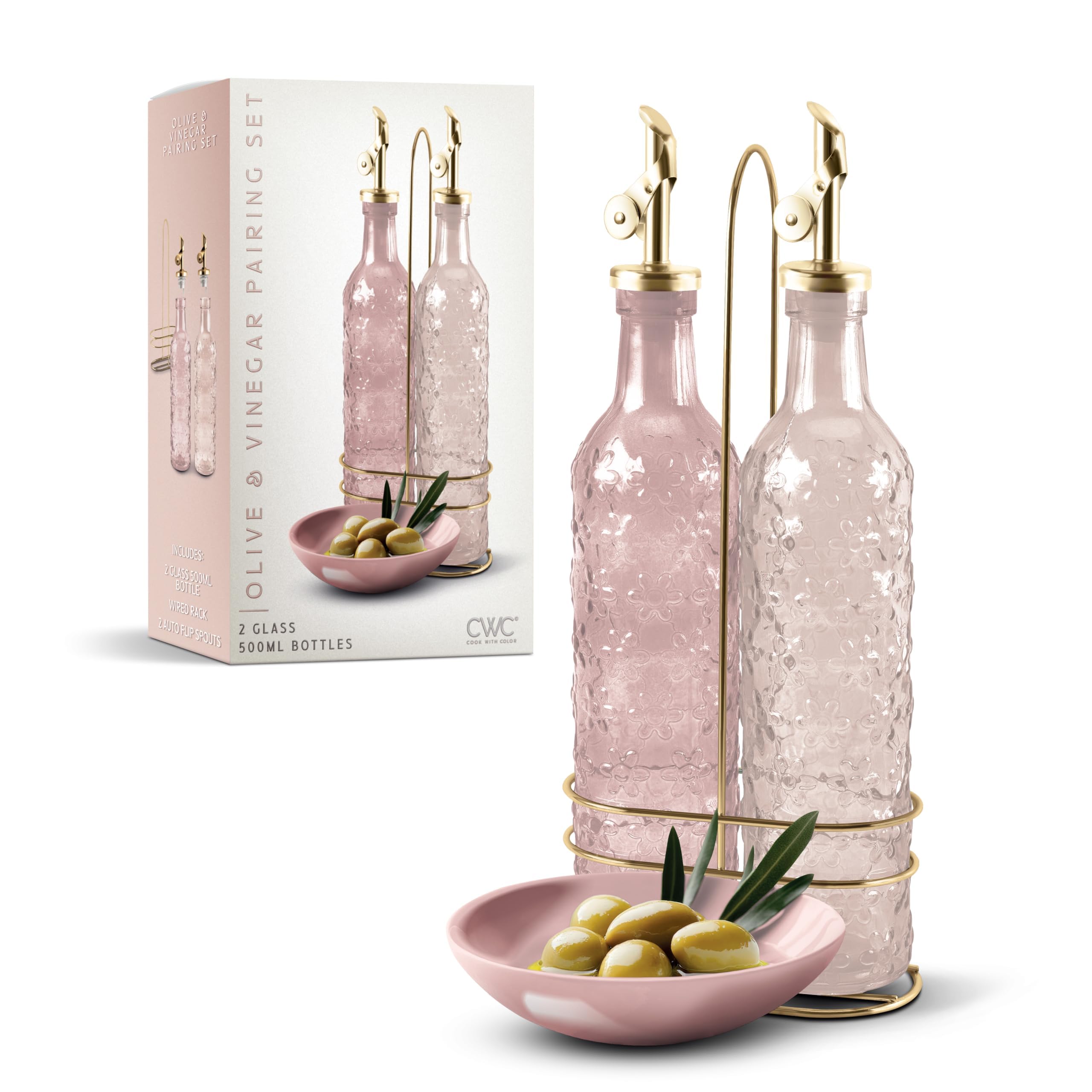 Cook With Color Pink Glass Olive Oil Bottle Dispenser - 2 Pack- 17Oz Oil And Vinegar Cruet - Olive Oil Carafe Decanter For Kitchen