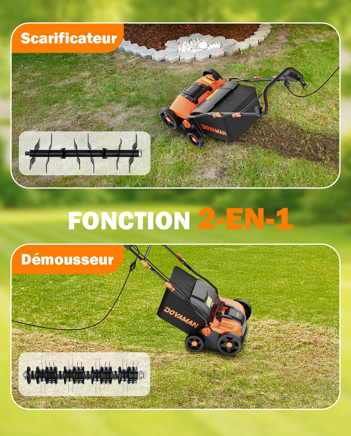 DOVAMAN DS16A 2-en-1 Scarificateur & Aérateur Électrique, 1500W, Largeur 40cm, 5 Profondeurs Réglables, Design Pliable, Bac 45L, Hauteur Réglable, Léger, Idéal pour Scarifier et Aérer