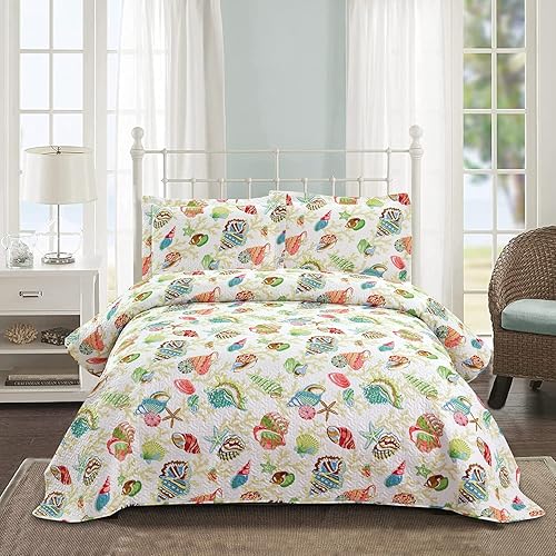 Jarson Juego de edredón costero ligero de verano para el hogar, tamaño individual, juego de colcha reversible de 3 piezas de conchas de playa, juego