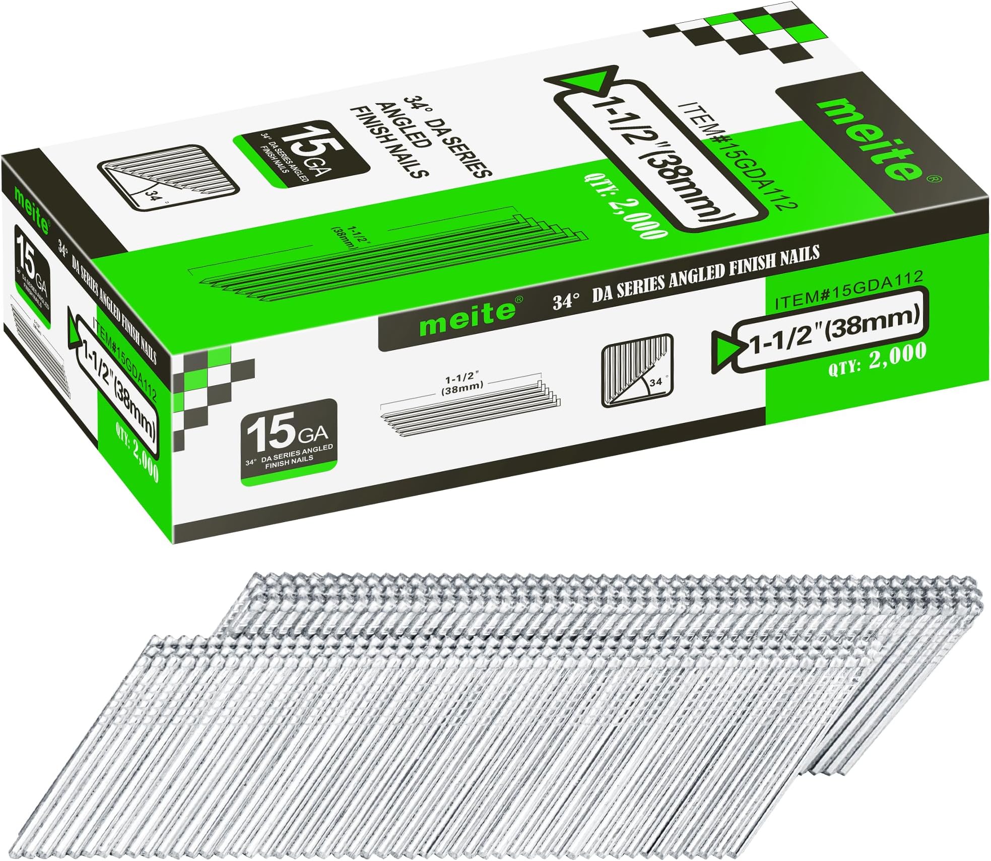 DA38 Type 15G / 38 mm Angled Finish Nails, 15 Gauge 34 Degree Galvanised Angled Finishing Nails for Nail Guns - Ideal for Woodworking, Upholstery, and Framing Projects (2,000 Counts)