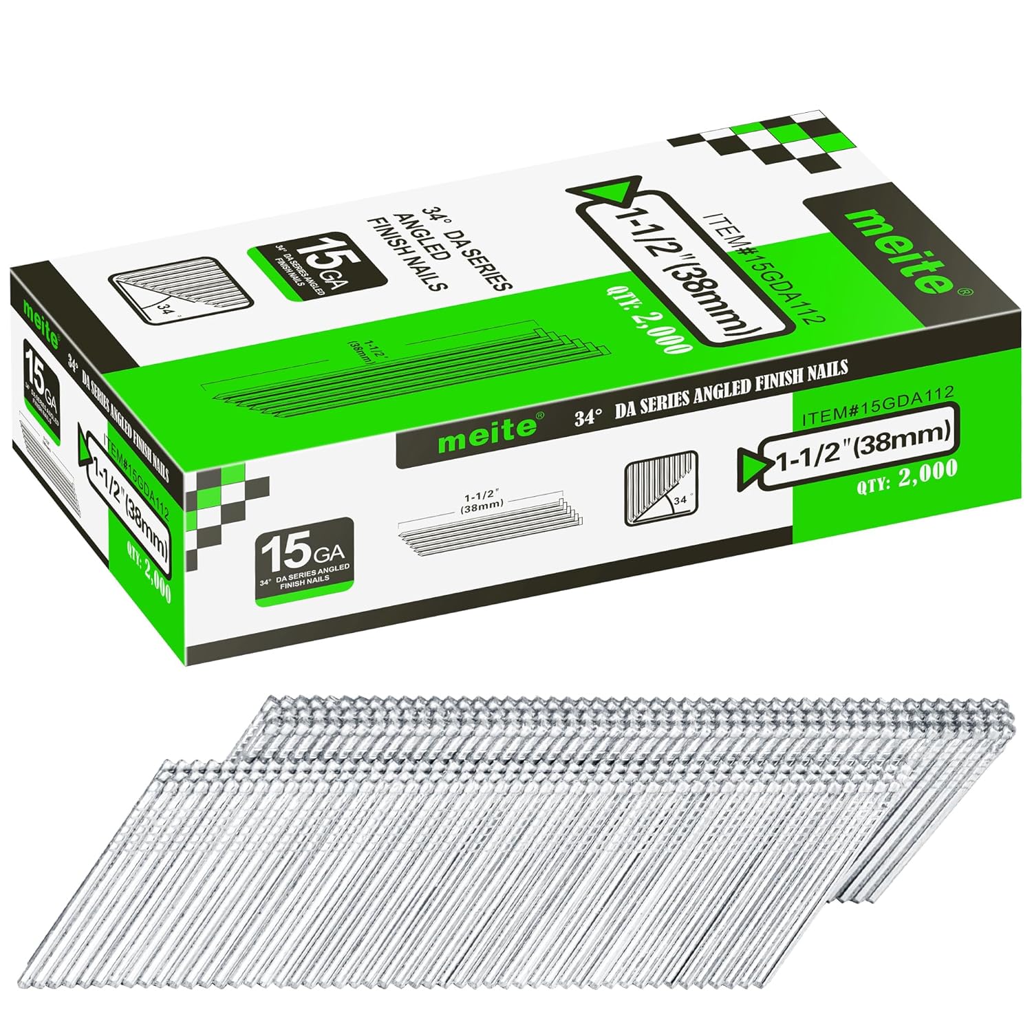 meite 15 Gauge Finish Nails Set 2-1/2 & 1-1/2 & 2 Inch Galvanized 34 Degree Angled Finishing Nails for Finish Nailer Cabinet Crown Baseboard