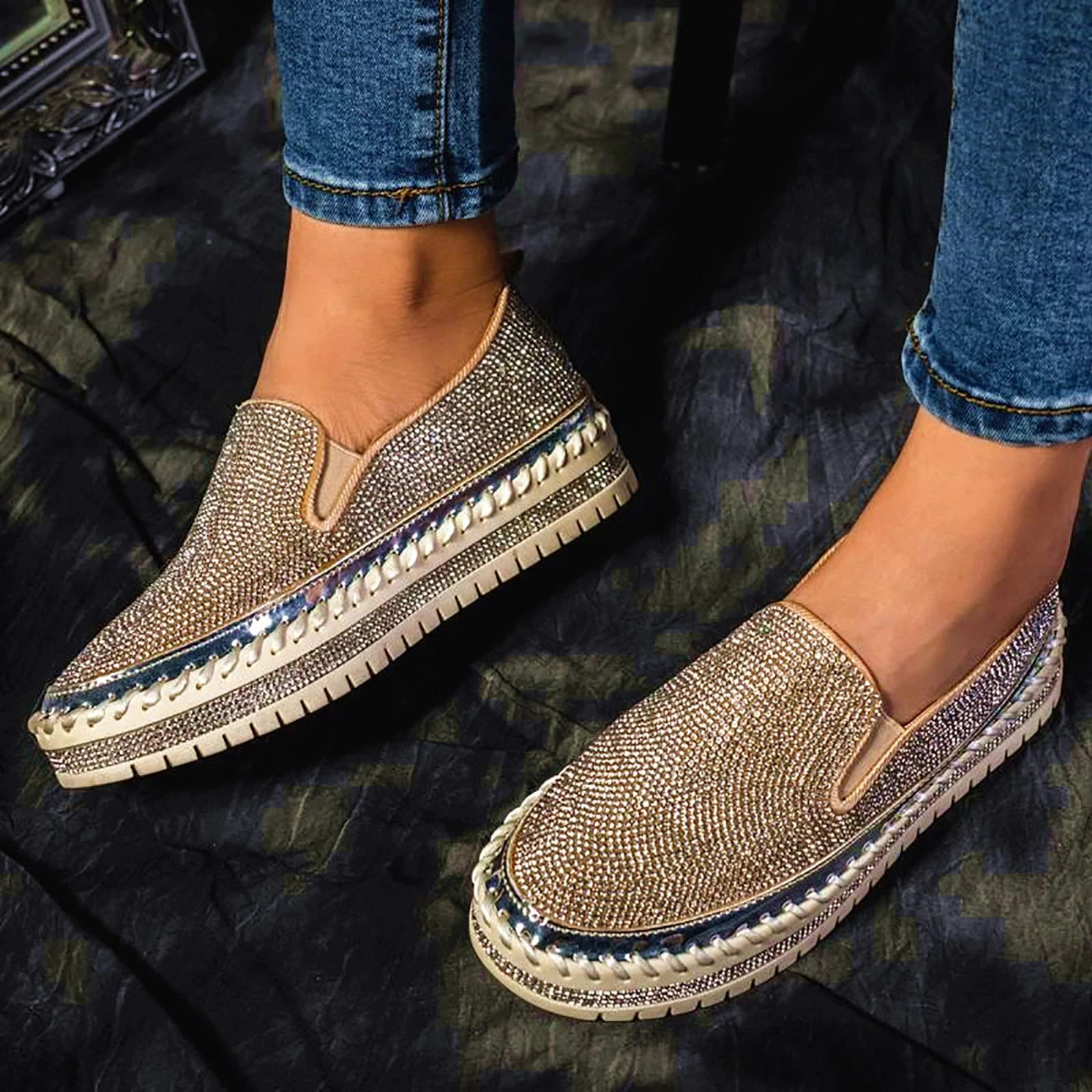Walkingschuhe Damen Freizeitschuhe Plattform Sneaker Slip-On Damenschuhe Joggingschuhe mit Strass Sportschuhe atmungsaktiv Leichtgewichts Walkingschuhe Outdoorschuhe