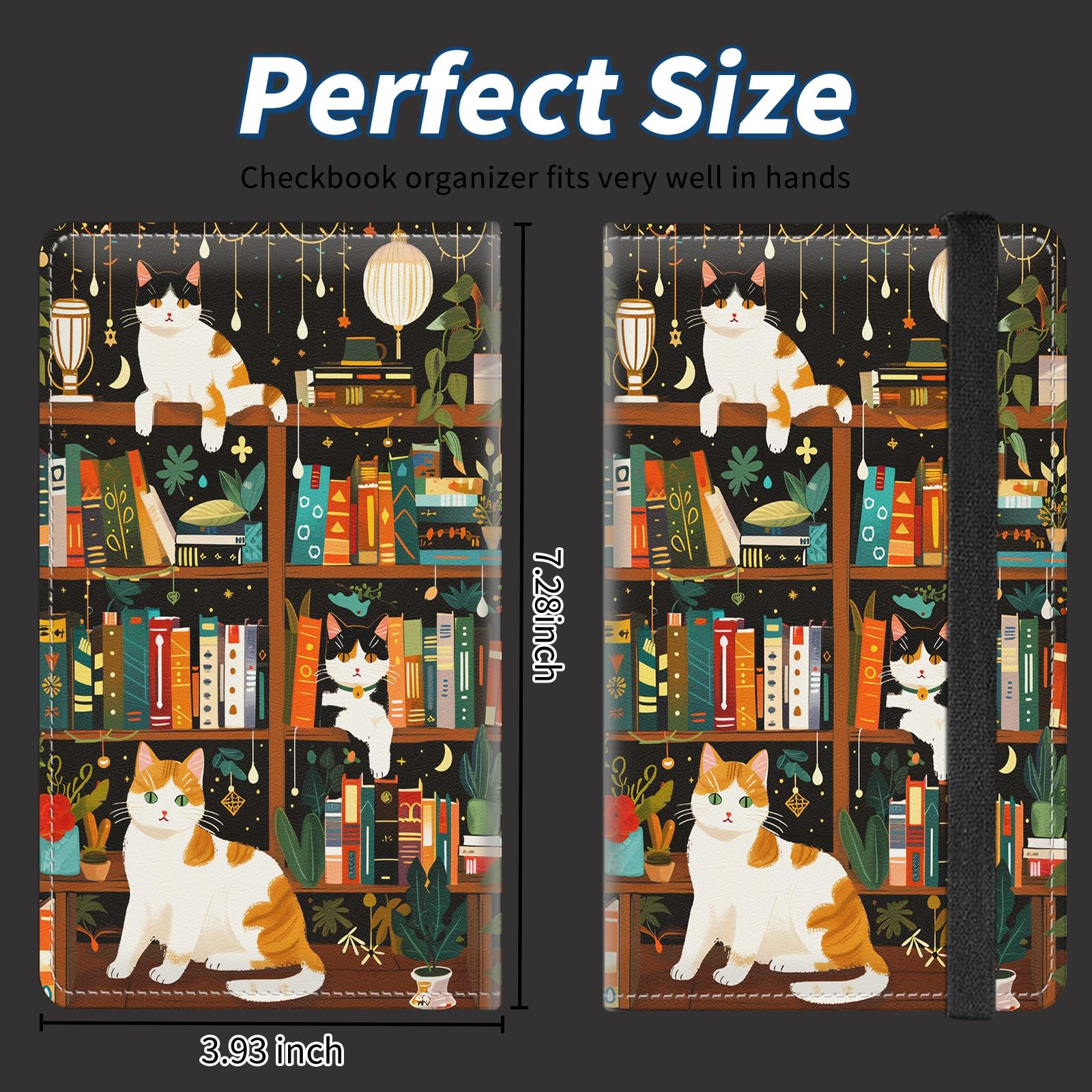 NLZQTTBD Checkbook Cover for Personal Checkbook for Men & Women Check Book Cover Wallet Cute Pu Leather with Pen Holder Card Slots Elastic Strap with Duplicate Checks Three Cats On The Bookshelf