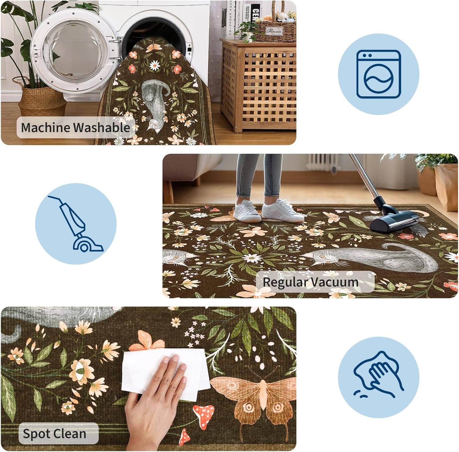 GarveeHome 2.5x8 Cat Washable Runner Rug for Hallway, Soft Brown Long Kitchen Runner Non Slip Mushroom Insect Entryway Rug Floral Laundry Mat Stain Resistant Carpet for Bathroom Beside Rug