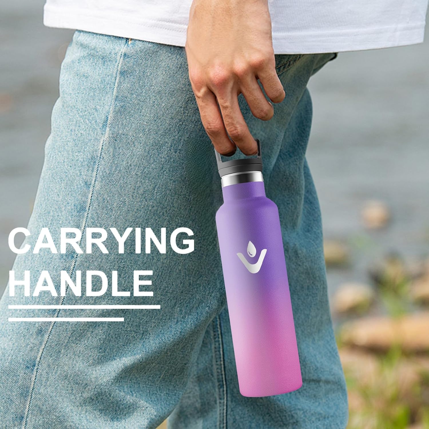 Grsta Stainless Steel Drinking Bottle, 750 ml, Leak-Proof, Insulated Water Bottle with Straw, Thermos Flask Suitable for Carbonated Drinks, Water Bottle with 2 Lids for Fitness, Gym, Hiking