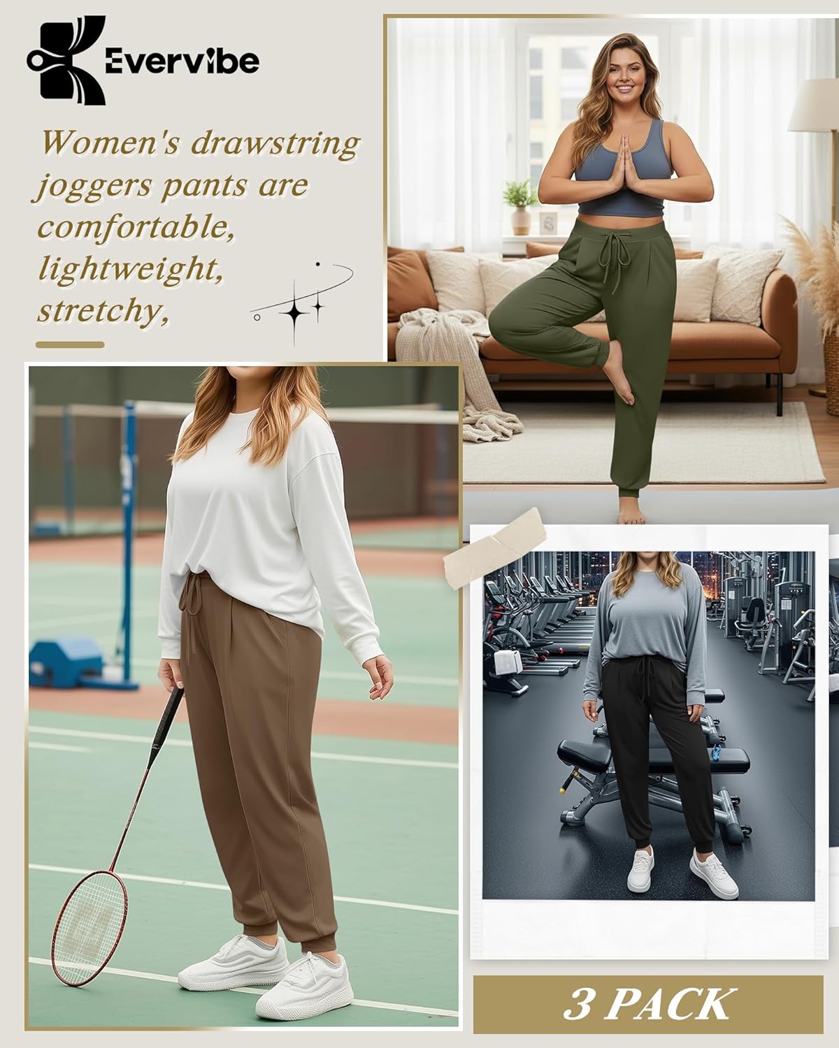 3 Pack Women's Plus Size Yoga Joggers Pants, Casual Drawstring Workout Lounge Pants Active Sweatpants with Pockets - Image 4