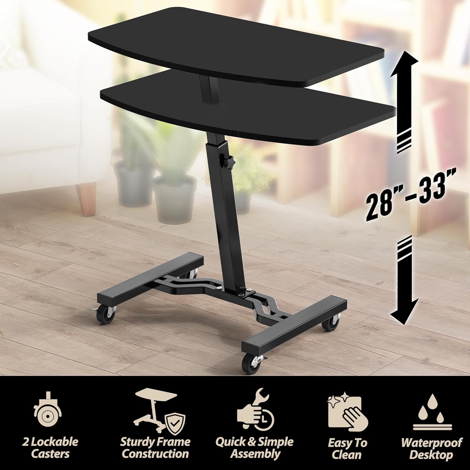 SHW Mobile Height Adjustable Laptop Rolling Cart with Height Adjustment from 28" to 33", Black