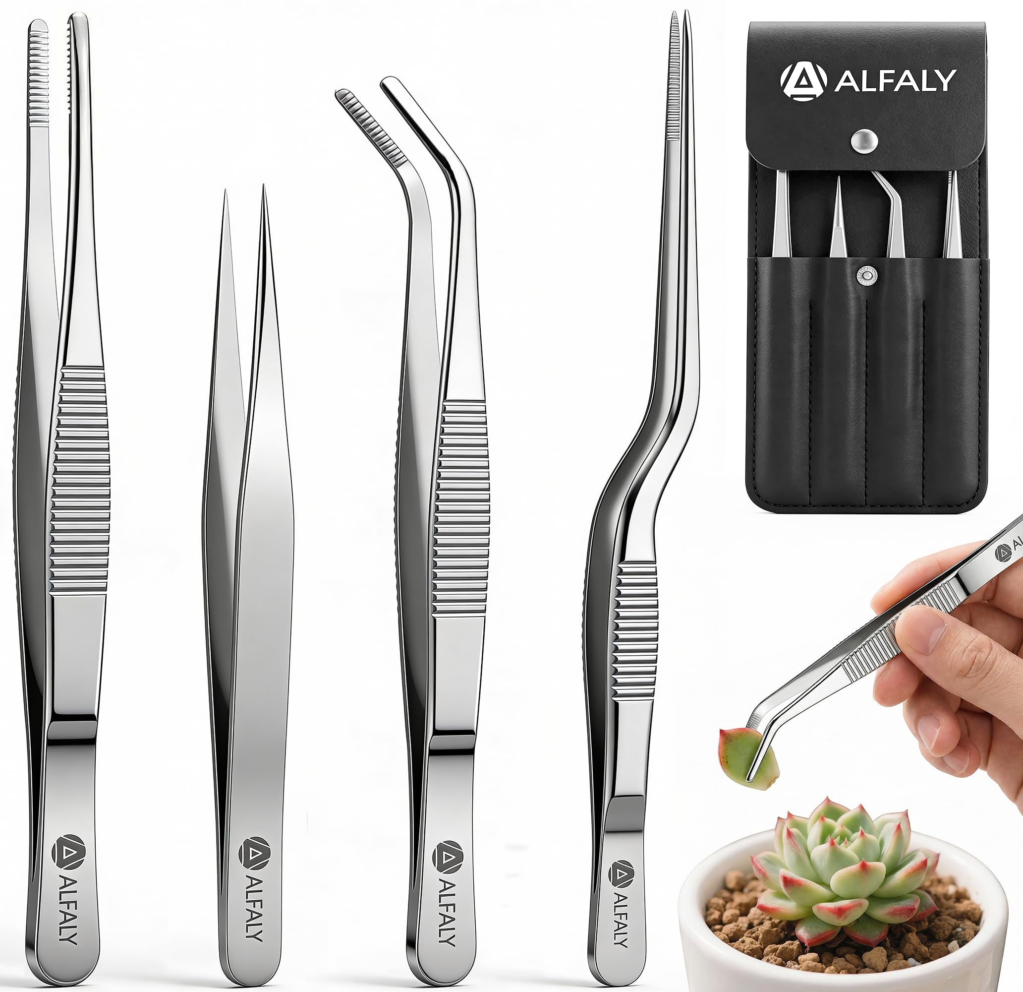 4pcs Garden Tweezers Set - 6.3" Long Plant Tweezers for Succulent, Bonsai &amp; Cactus Gardening - Stainless Steel Multi Purpose Seed Tweezer Tools For Kitchen, Crafts, Aquarium, Reptile