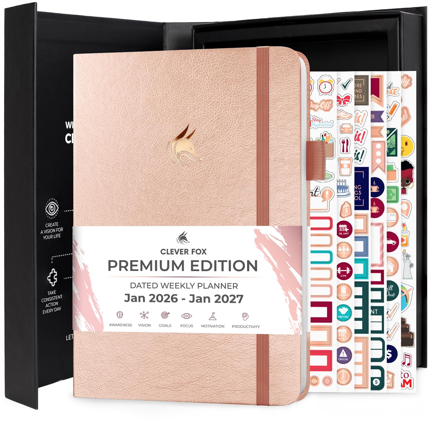 Clever Fox Dated Planner Premium 2026 – Weekly Agenda for Planning & Time Management –Notebook with Habit Tracker & To-do List (Rose Gold)
