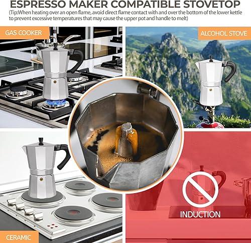 Miniatura 5 de Cafetera de aluminio de 3 tazas de 5.1 fl oz Moka Pot Express, para estufas, cafetera de café expreso, cafetera italiana clásica, Greca Café,