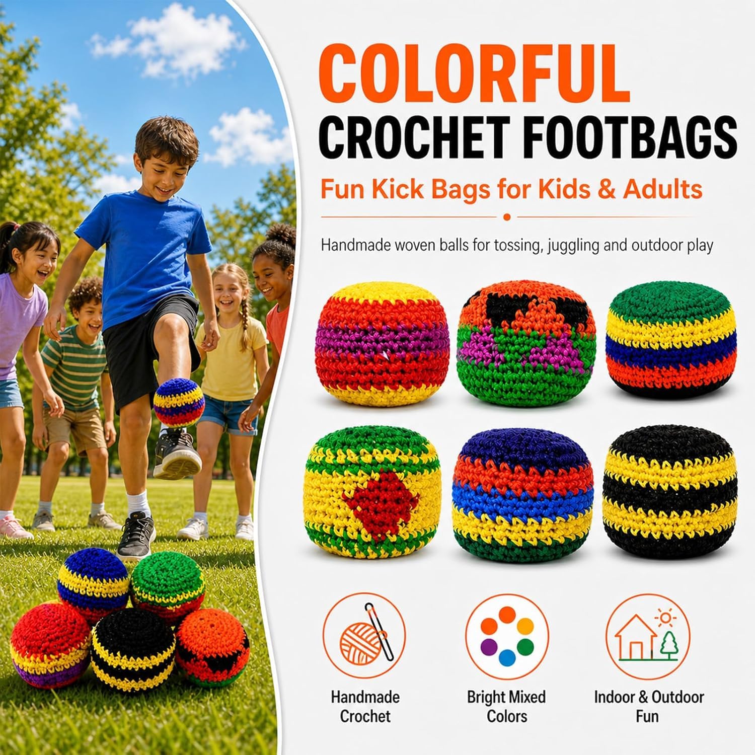 Balles de Frappe Tricotées Ensemble 6/12/18 Sacs de Pieds au Crochet pour Enfants Adultes Jeux Plein Air