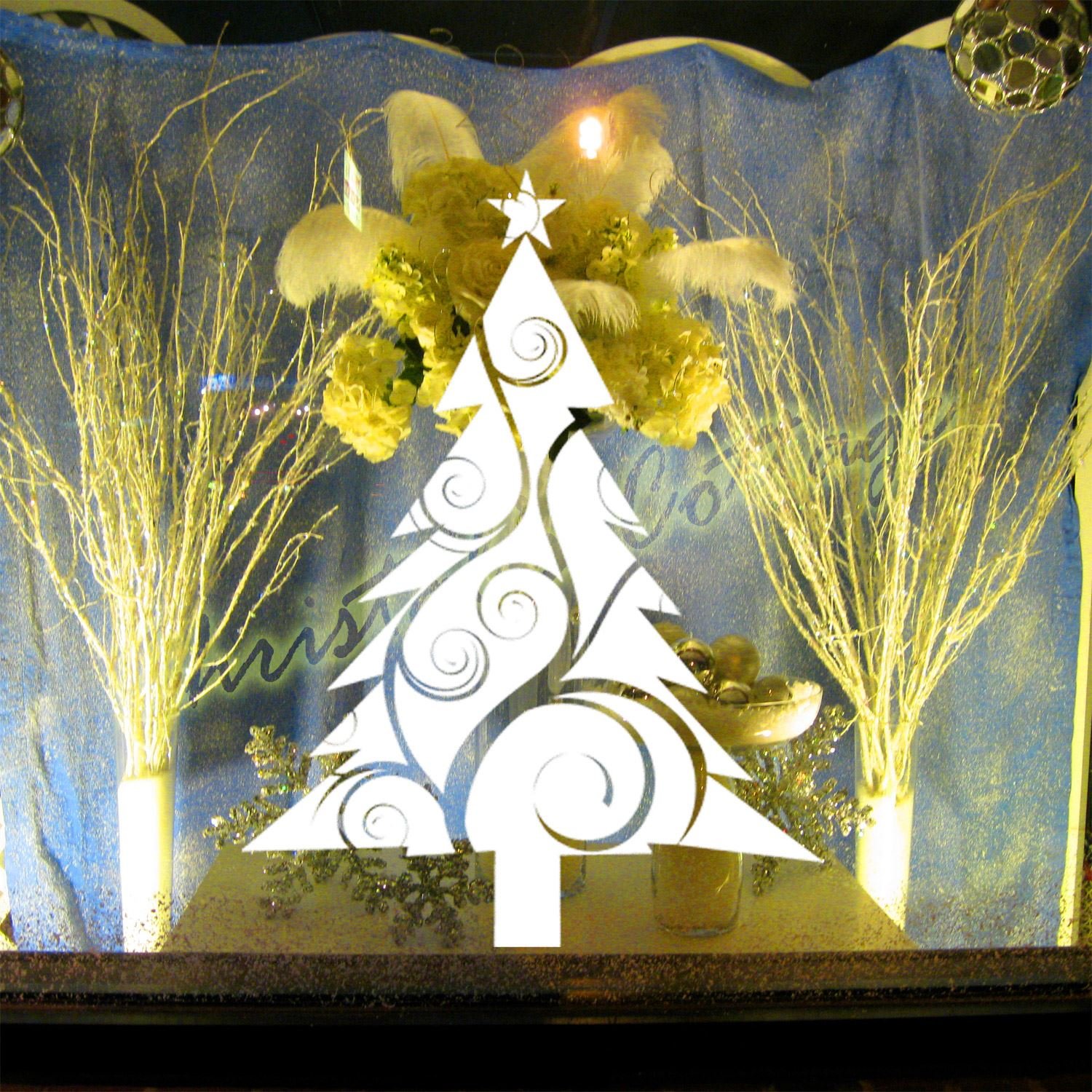 Sapin de Noël et vigne sticker de 60 cm violet déco vitrine