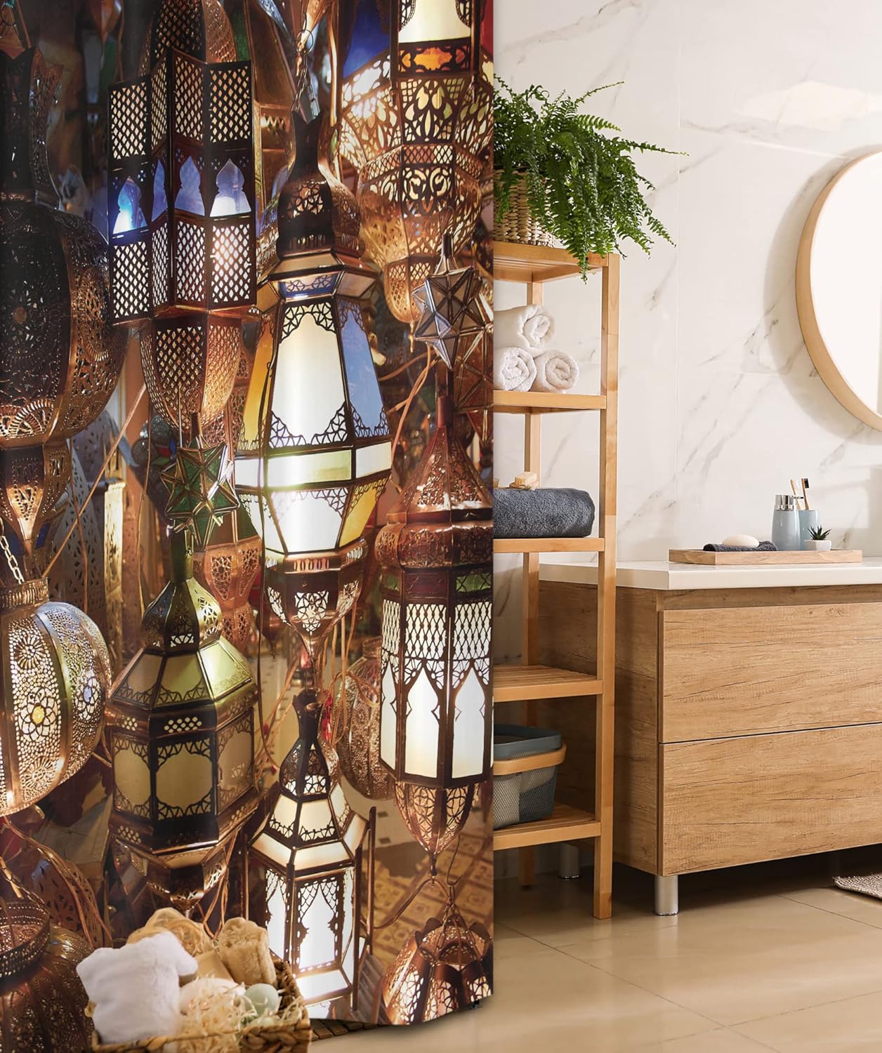 Ambesonne Moroccan Stall Shower Curtain, Ethnic Objects Souk Evening Culture Historical Traveling Destinations, Fabric Bathroom Decor Set with Hooks, 54" W x 78", Purple Brown and Green