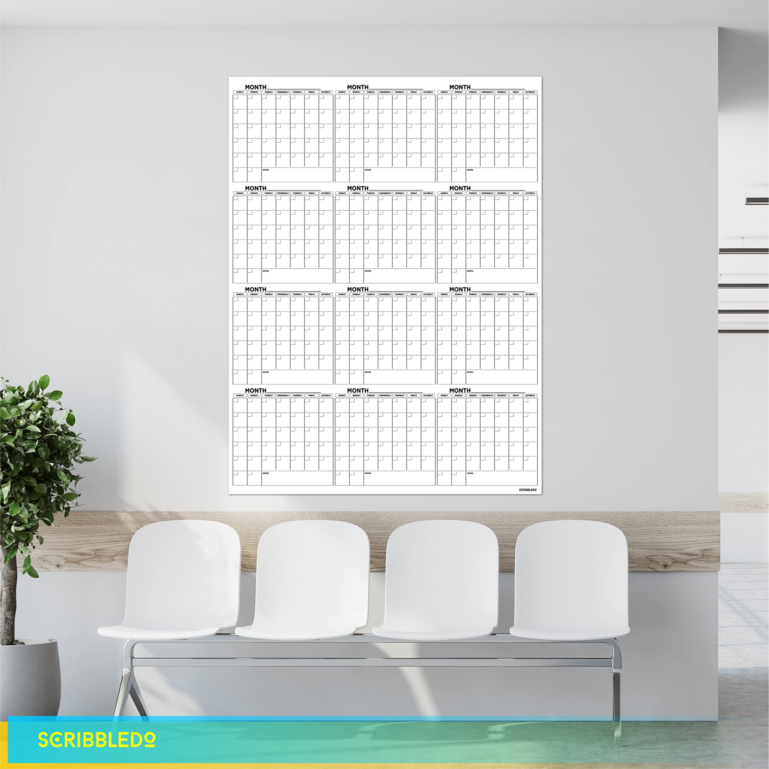 Grande calendario da parete cancellabile a secco 91,4 x 121,9 cm, calendario da parete 2024 annuale mensile, include 6 pennarelli, cancellino e nastro di montaggio
