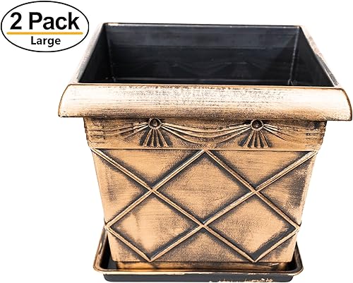 Miniatura 4 de Maceta cuadrada rústica de plástico de 12 pulgadas (juego de 2 macetas + 2 bandejas a juego), maceta para habitación del bebé, para interiores y