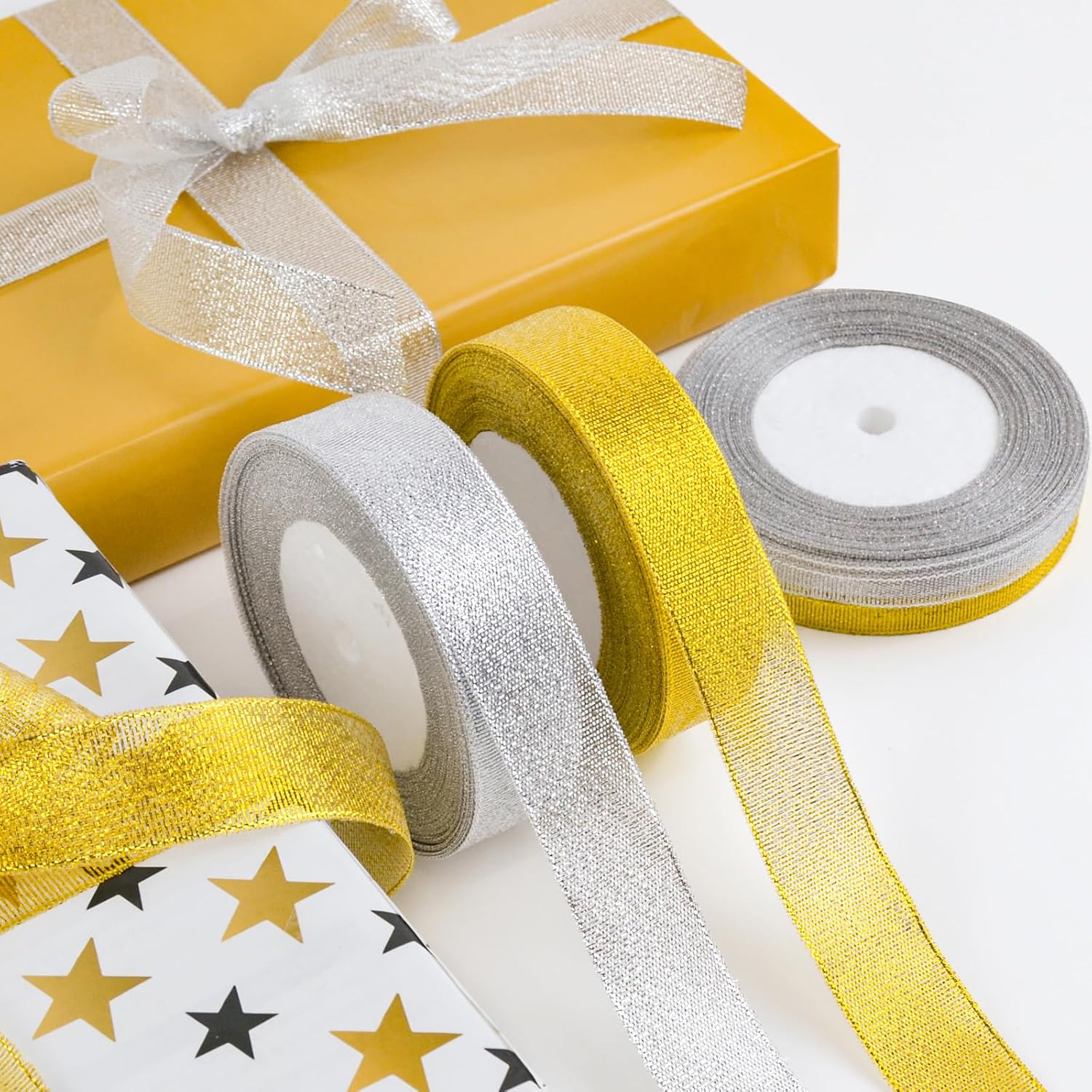 Glitter Metallic Silver Ribbon 3/8 inch 25 Yards, Sparkly Fabric Ribbon for Gift Wrapping, DIY Crafts, Party, Birthday, Wedding Sewing, Floral Bouquets and Home Decorations