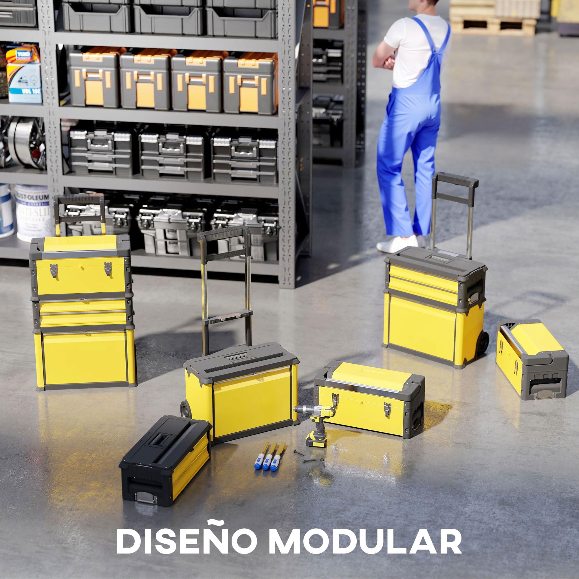 HOMCOM Tallar Móvil Apilable 3 en 1 Caja de Herramientas con Ruedas Carro de Herramientas de Acero con Bandeja Mango Telescópico Amarillo y Negro