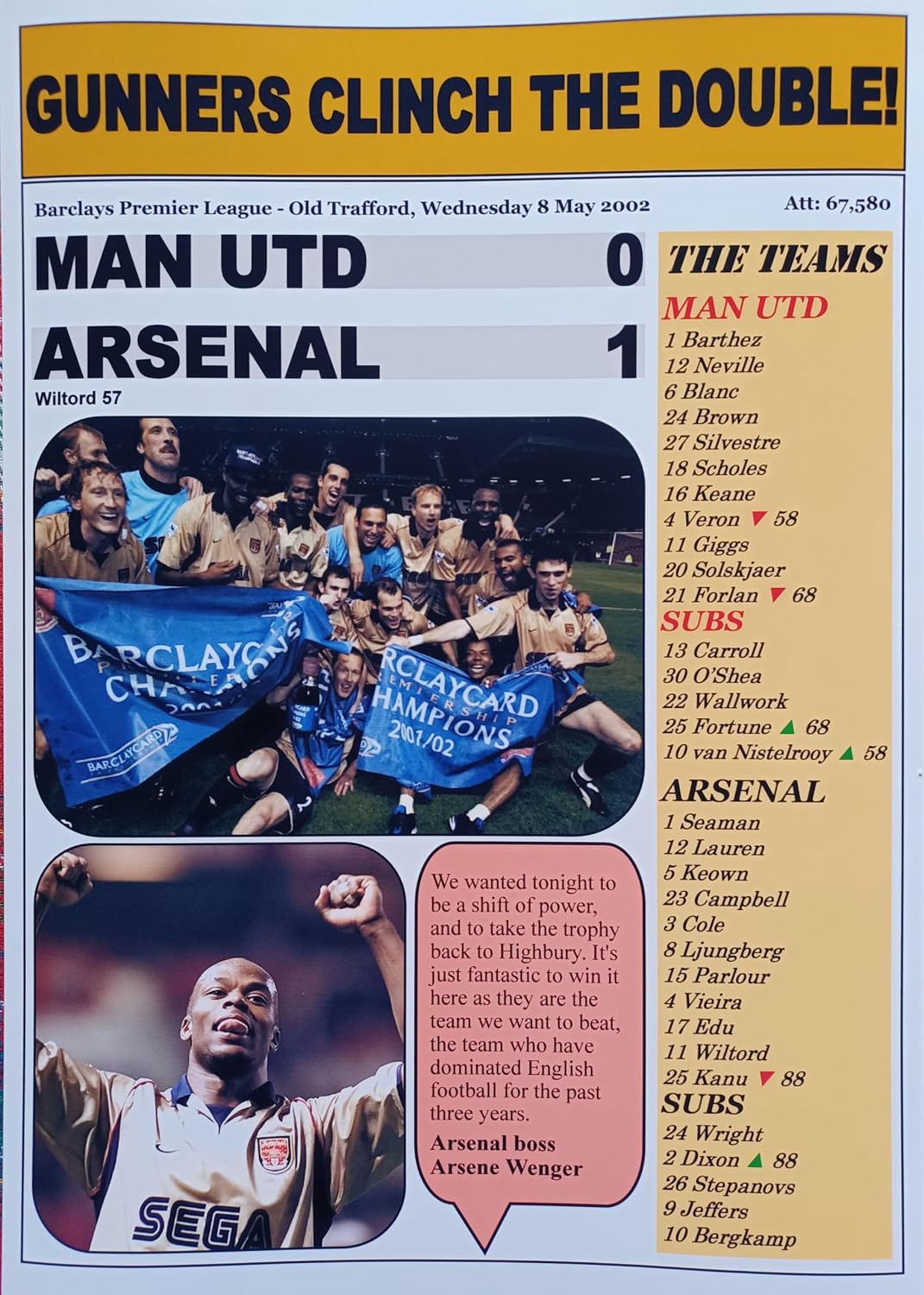 Man Utd 0 Arsenal 1-2002 Premier League - Arsenal win double - souvenir print