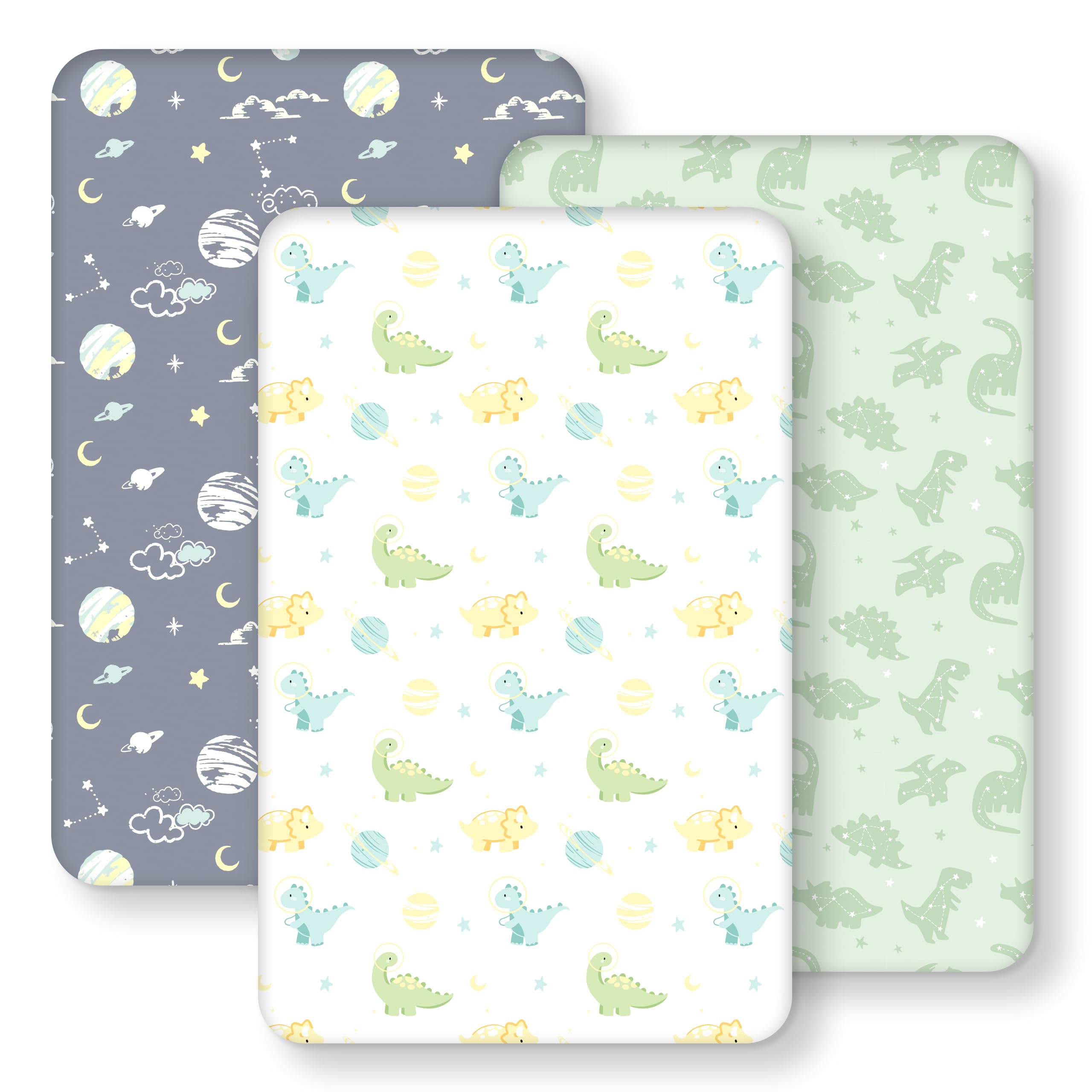 Baby Bedside Bassinet Sheets Fitted, 33”x20” Compatible with Baby Delight Dream On Me &amp; Most Rectangle Bedside Sleeper Bassinet Mattresses, Super Soft Microfiber Green Dinosaur Planet