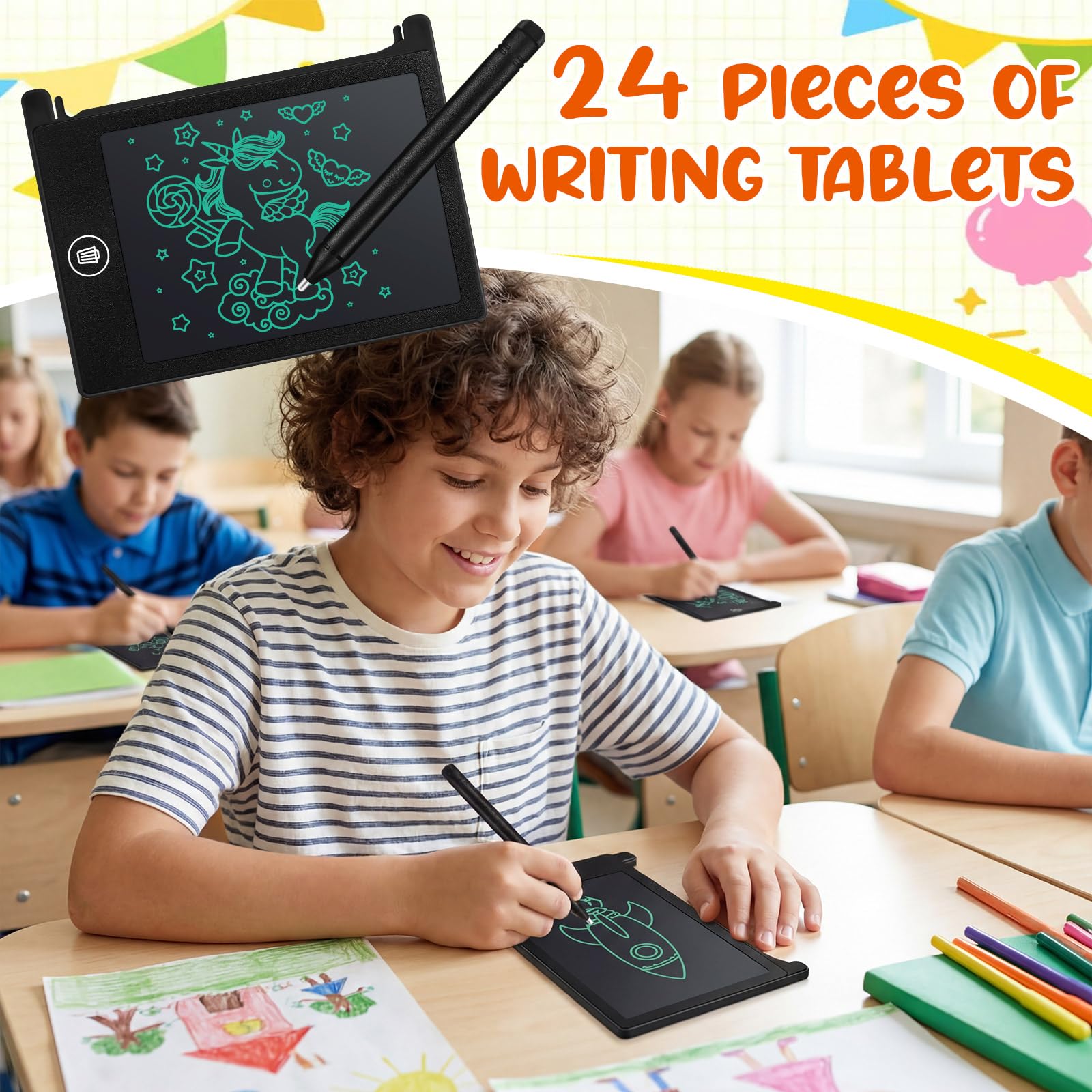 24 tavolette da scrittura LCD per bambini, mini blocco da disegno elettronico, 11,4 cm, regalo per feste per bambini (cornice nera)