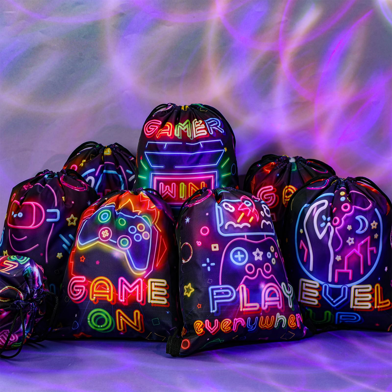 Huhumy 16 bolsas de recuerdo de fiesta de videojuegos, bolsas de cordón de neón de 12 x 10 pulgadas para niños y niñas, juego temático, suministros de fiesta, regalos, bolsas de dulces para fiestas de