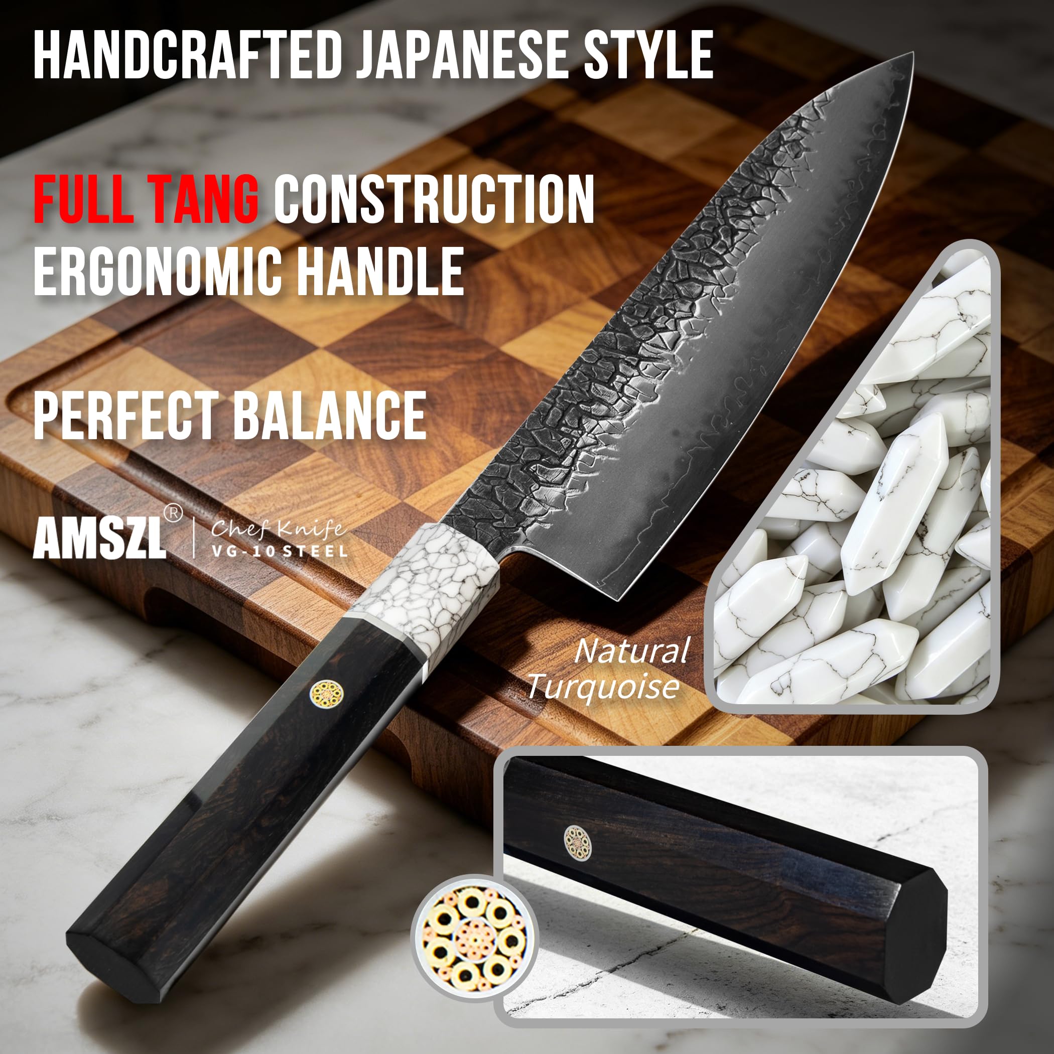 8 Inch Gyuto Chef Knife, VG10 Japanese Steel, Octagonal Ebony Handle — Amazon image 7