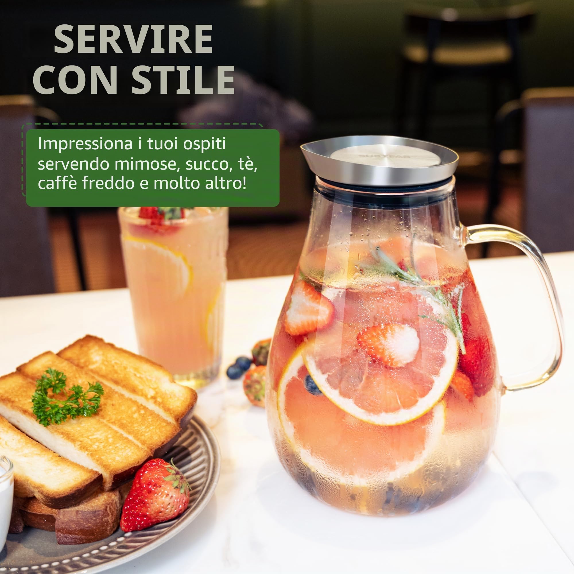 SUSTEAS Caraffa in vetro da 2 litri con coperchio e beccuccio, caraffa per acqua, brocca da tè ghiacciata, per bevande casa/tè ghiacciato/latte/caffè/vino di servizio