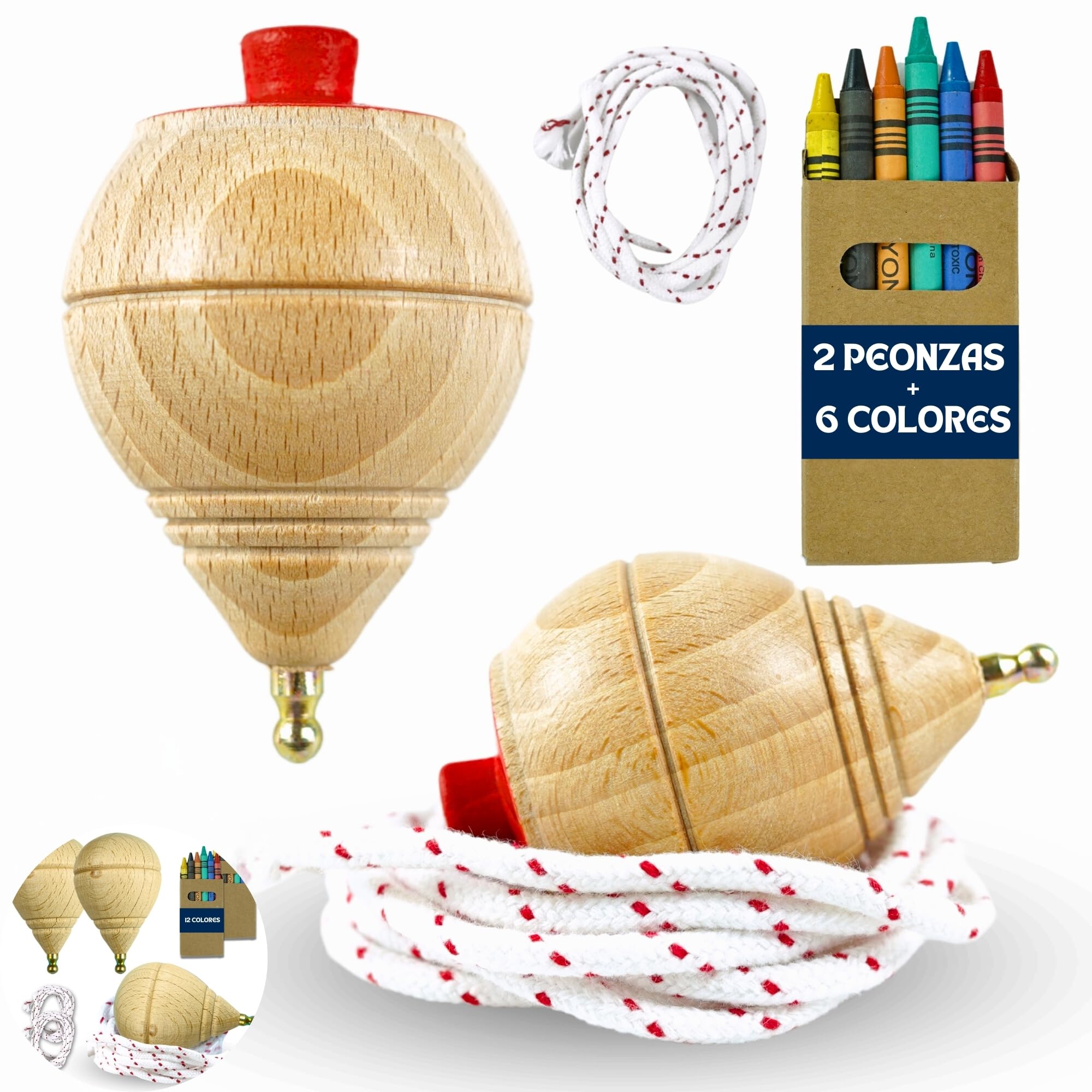 AF® - Peonza Madera, Set 2 Peonzas Niños + 6 Ceras de Colores para Niños | Personaliza tu Trompo de Madera Tradicional