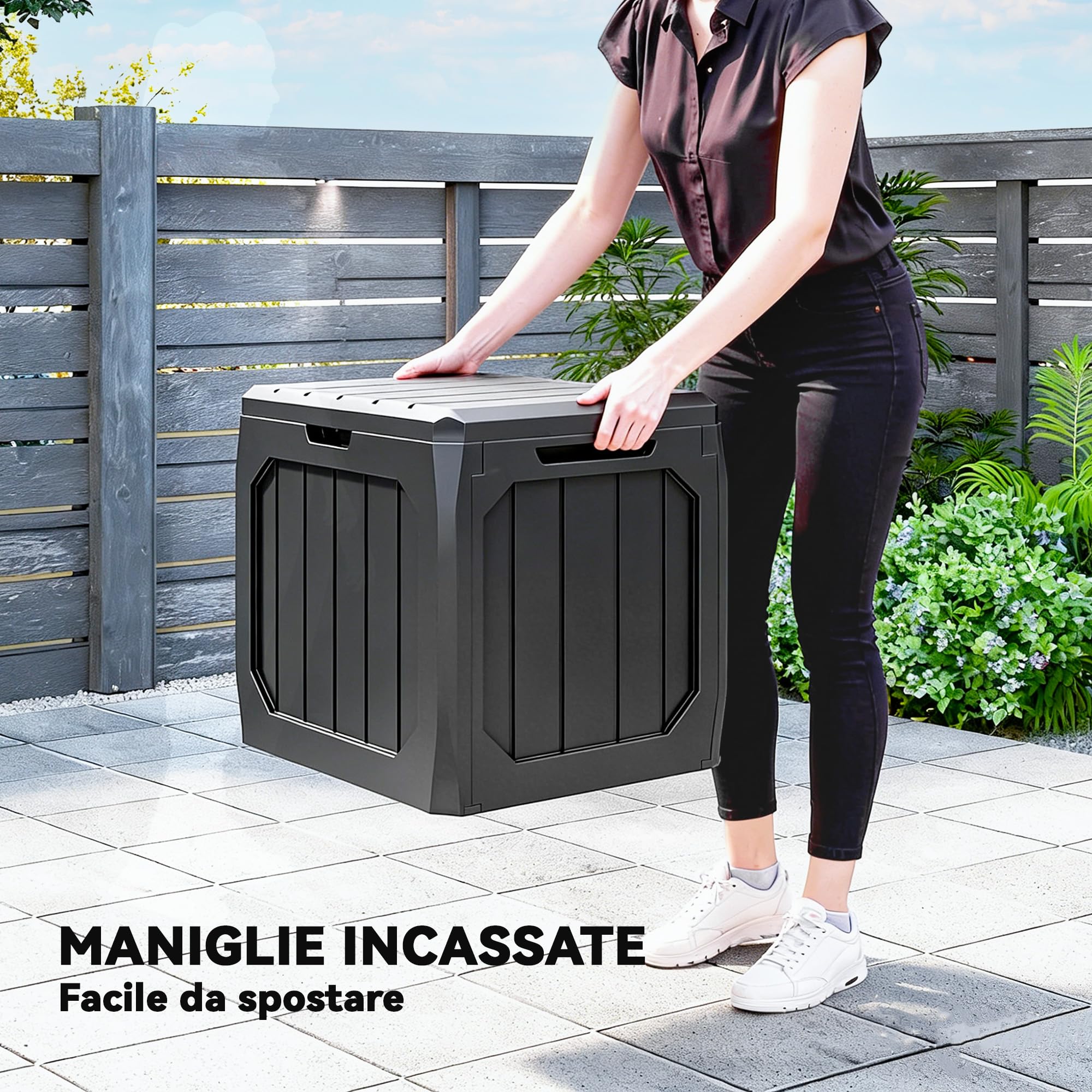 Outsunny Baule da Giardino 121L Plastica Impermeabile Bloccabile 56x45x53 cm Nero