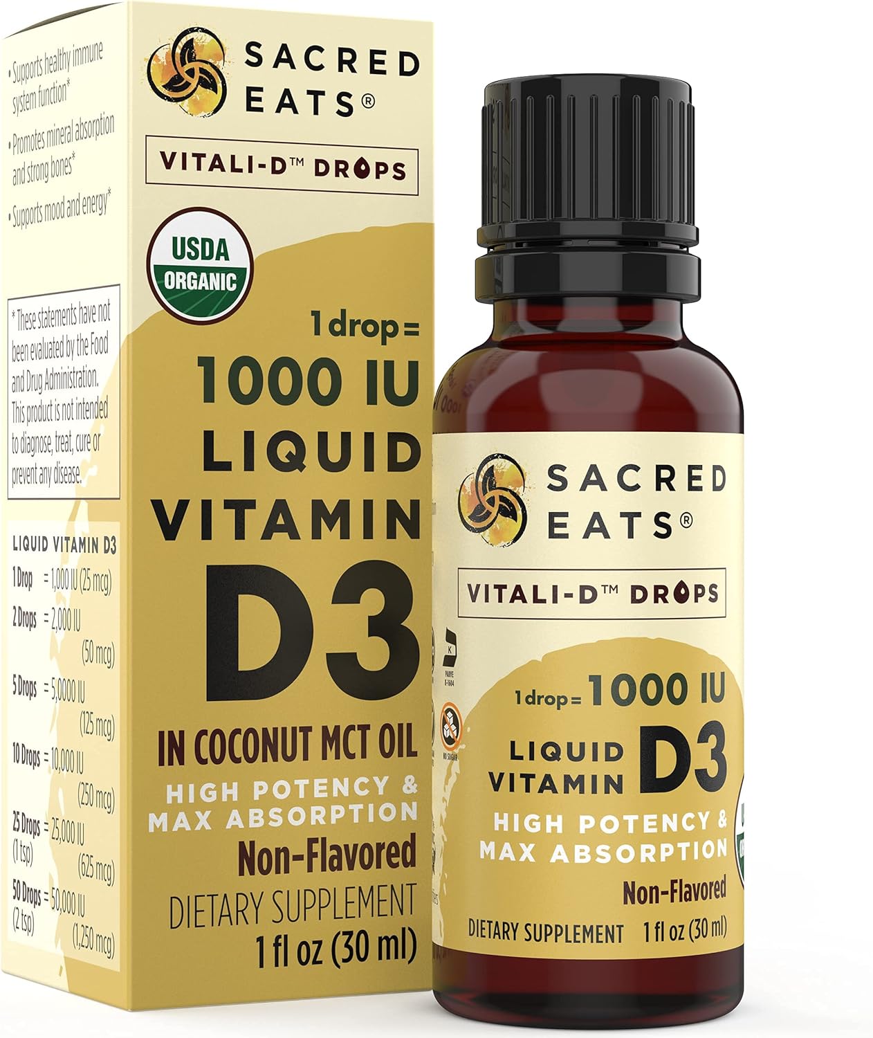 Organic Liquid Vitamin D Drops for Kids & Adults, Sugar Free. Easy to Use 1,000 IU/Drop in Coconut MCT Oil. Lasts Months, Best for High Doses. Max Absorption VIT D3 Supplement. No Taste (Flavorless)