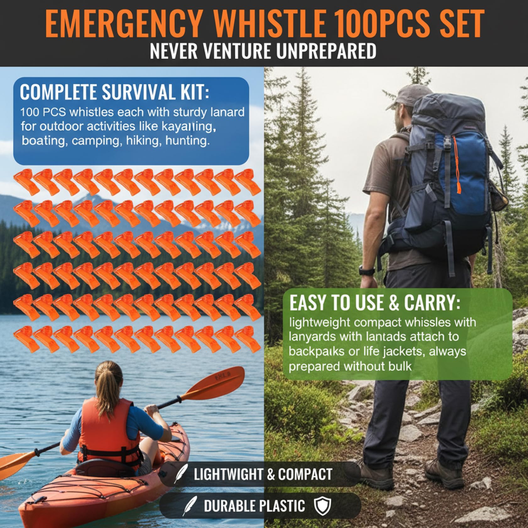 Sifflet d'urgence 100 pièces sifflet de sécurité en Plastique Fort avec équipement de Survie lanière pour Kayak Bateau pêche Camping randonnée Chasse