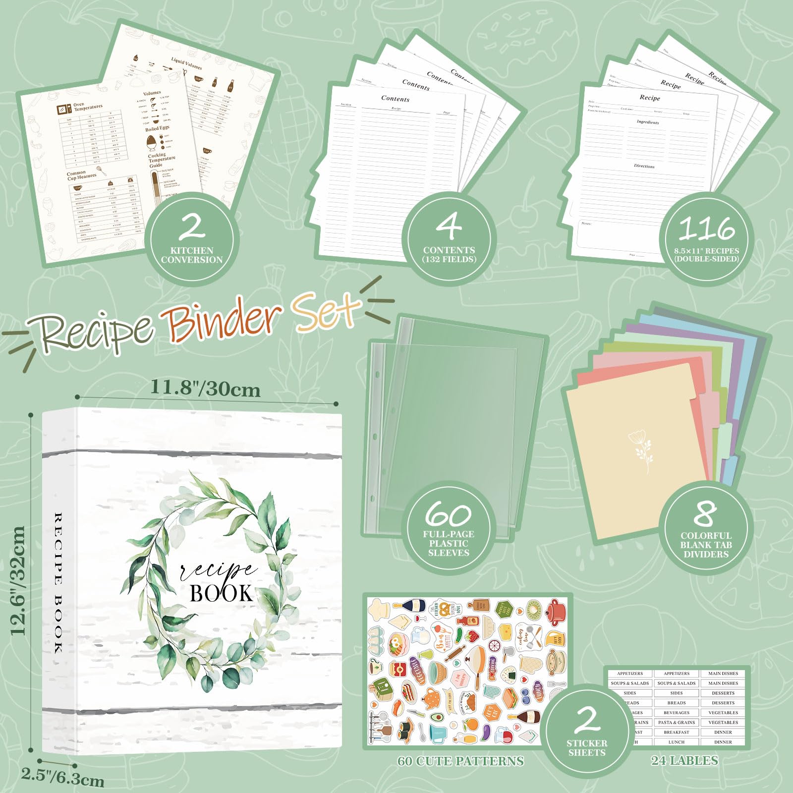 Lanpn Recipe Binder 8.5x11 3 Ring Kit, Waterproof Organizer Binder Recipe Book with 60 Plastic Sleeves,116 Recipes - Image 3