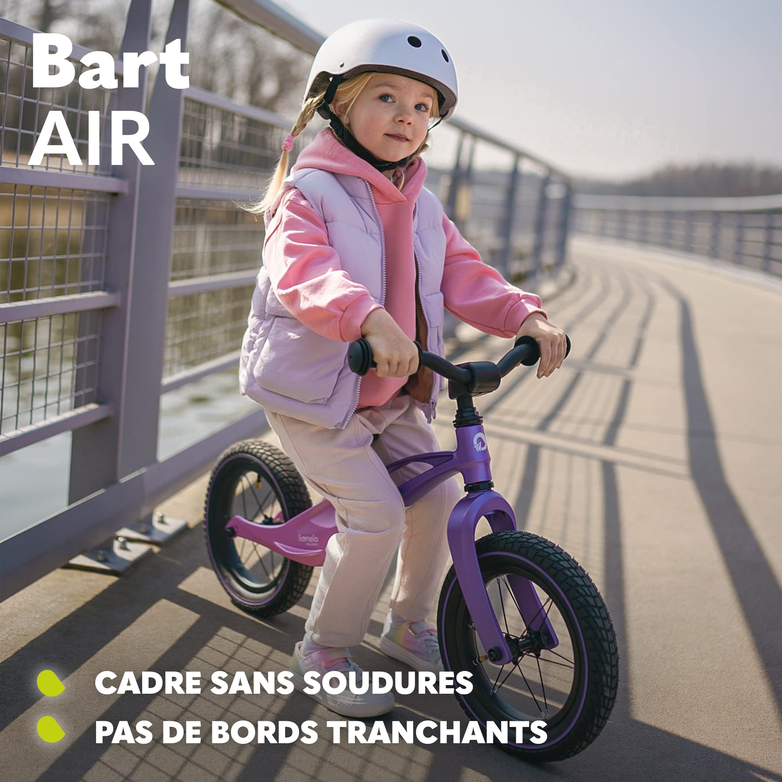 Lionelo Bart Air Draisienne 2-6 Ans, Roues 12 Pouces, Rose Violet | Pneus gonflables, cadre léger en magnésium 3,8 kg, selle et guidon réglables, repose-pieds, jusqu’à 30 kg