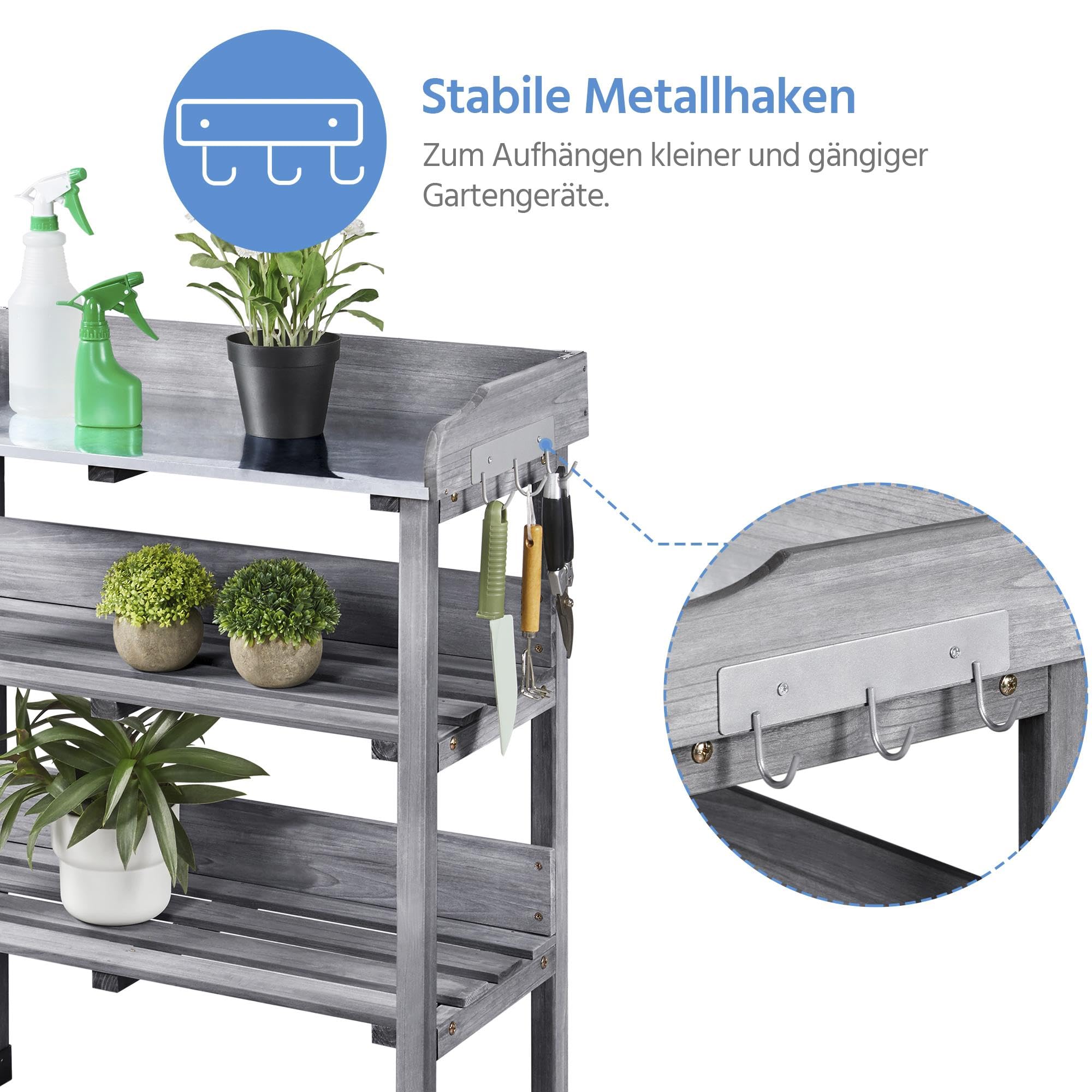 Yaheetech Pflanztisch Outdoor wetterfest, Gärtnertisch 77 x 37 x 90 cm mit verzinkter Arbeitsplatte & 2 Ablagefächer & 3 Haken Blumentisch aus Tannenholz für Garten/Balkon/Terrasse Grau